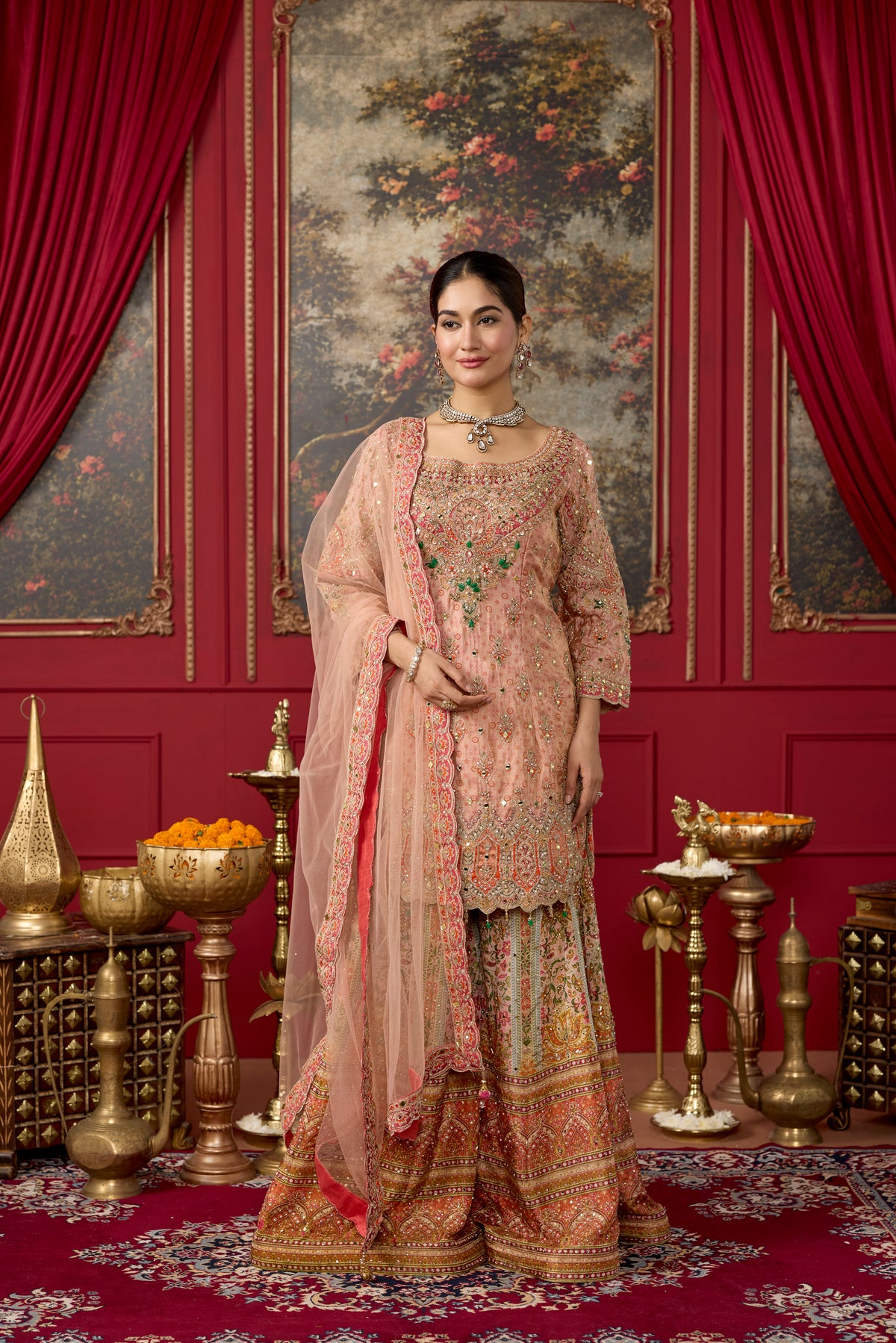Coral Peach Embellished Shimmer Silk Palazzo Set