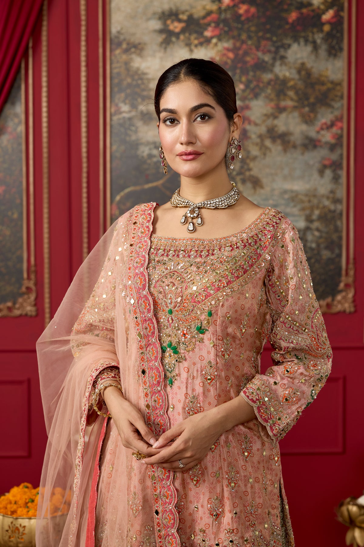 Coral Peach Embellished Shimmer Silk Palazzo Set