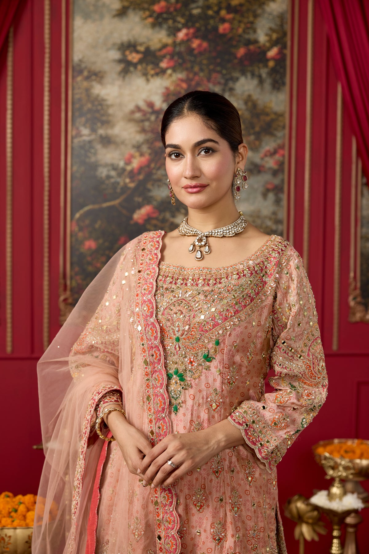 Coral Peach Embellished Shimmer Silk Palazzo Set
