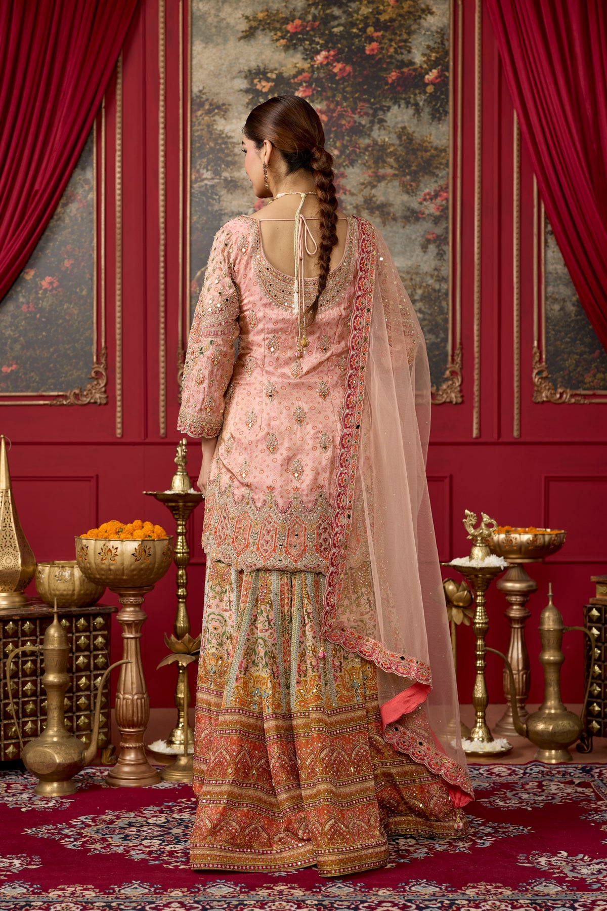 Coral Peach Embellished Shimmer Silk Palazzo Set