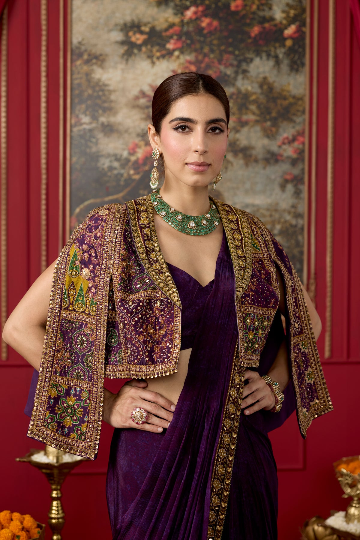 Deep Purple Embellished Chinon Silk Draped Skirt Saree