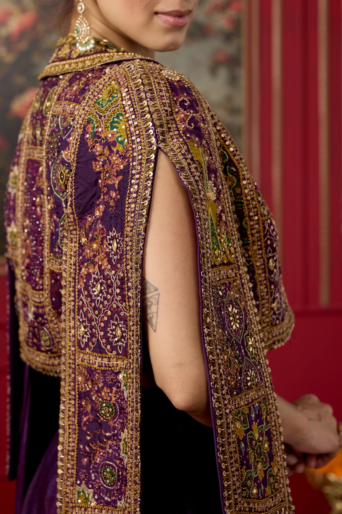 Deep Purple Embellished Chinon Silk Draped Skirt Saree