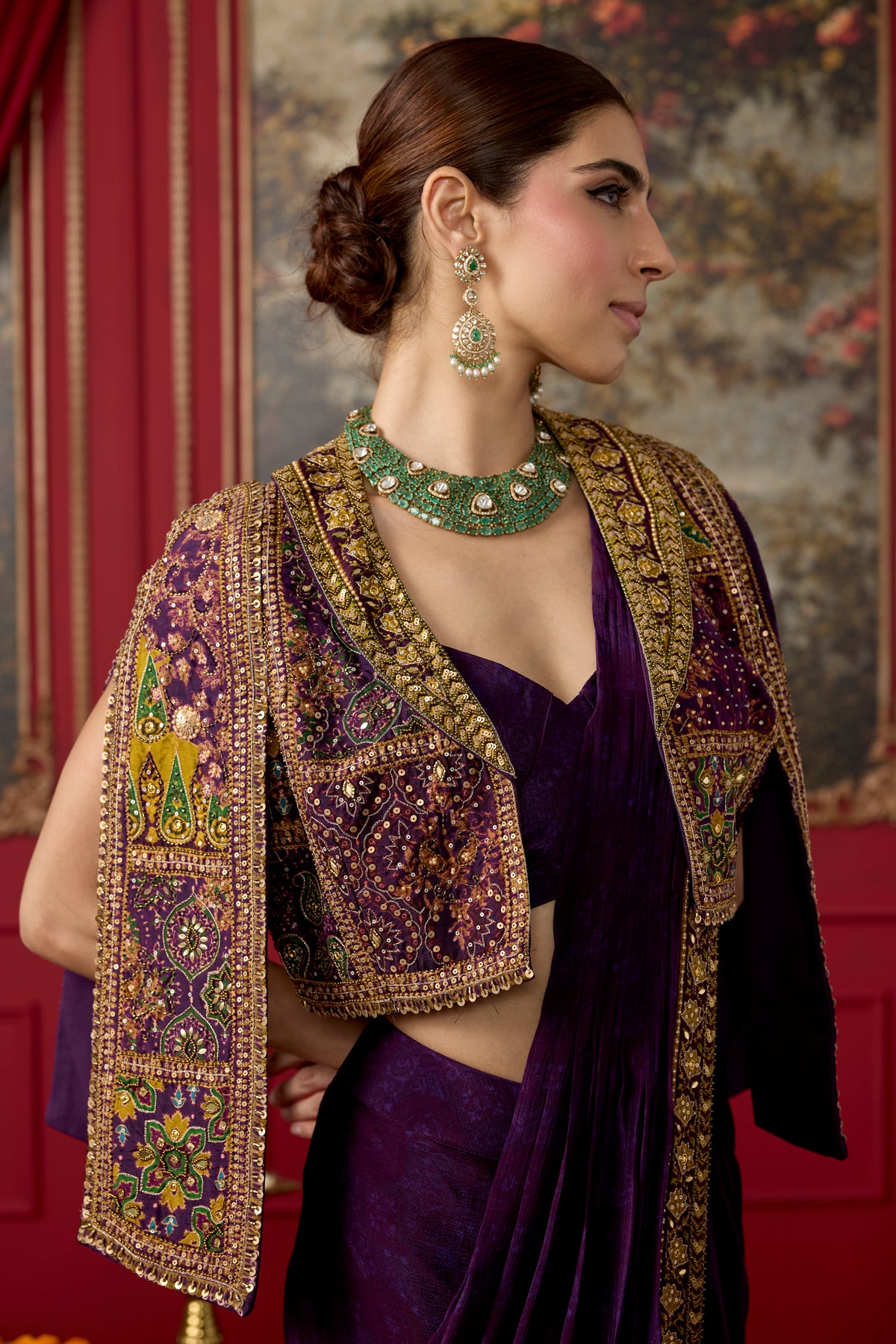 Deep Purple Embellished Chinon Silk Draped Skirt Saree
