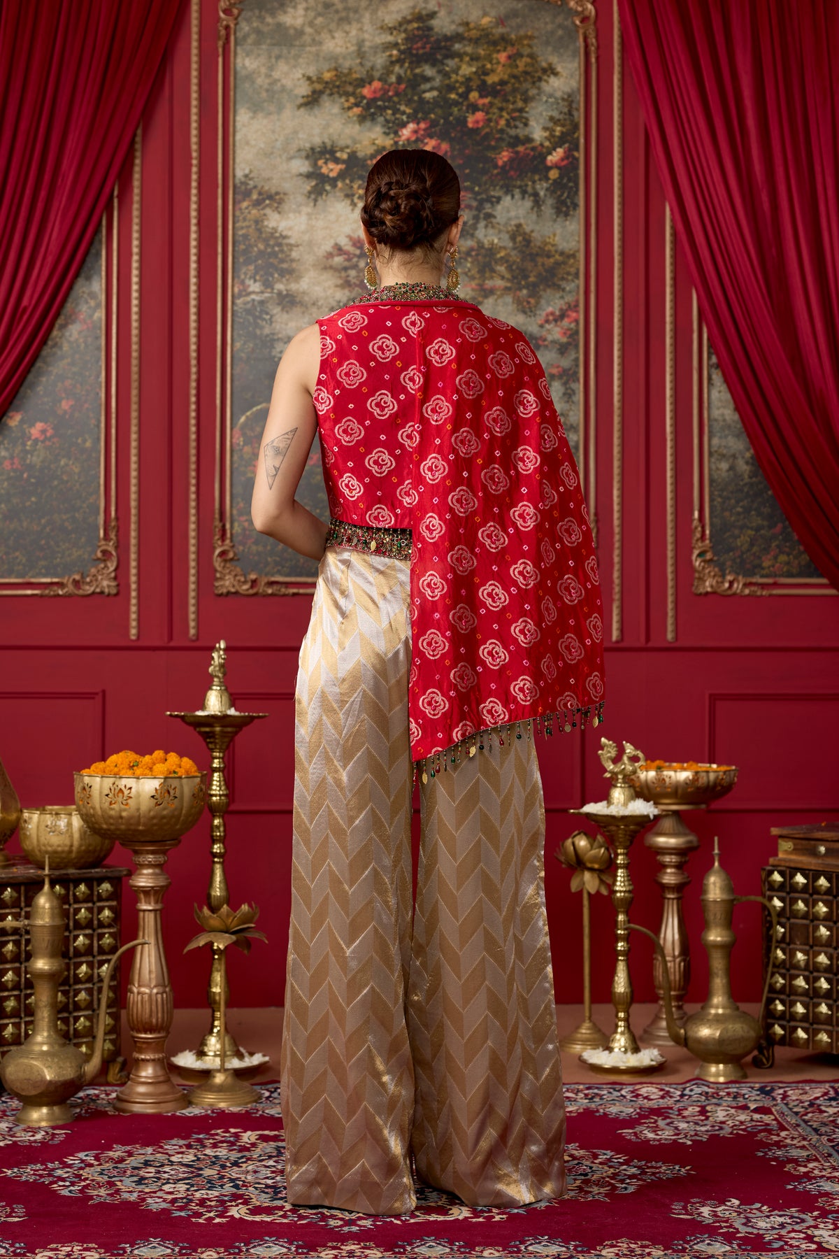 Red Embellished Chanderi Silk Palazzo Set