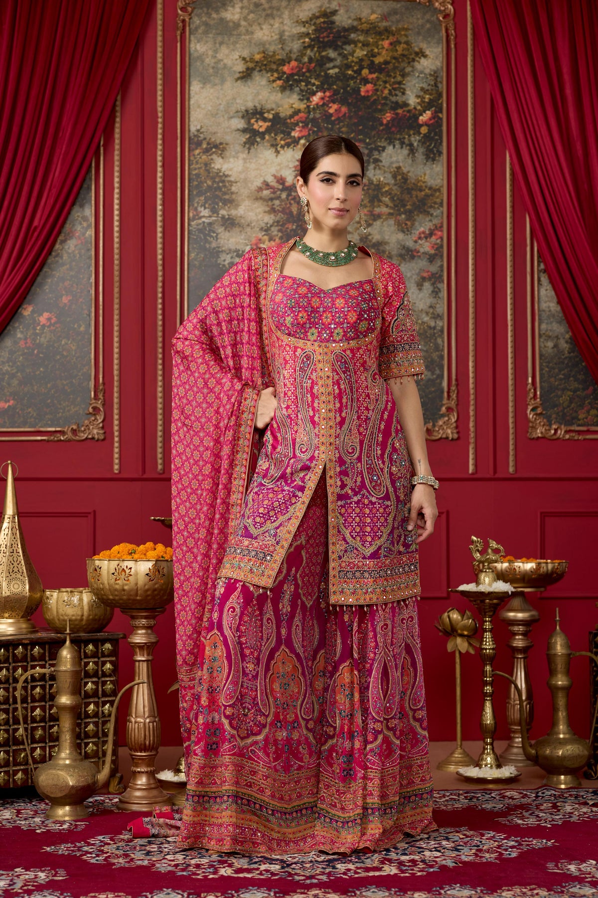 Pink Glam Embellished Chinon Silk Palazzo Set