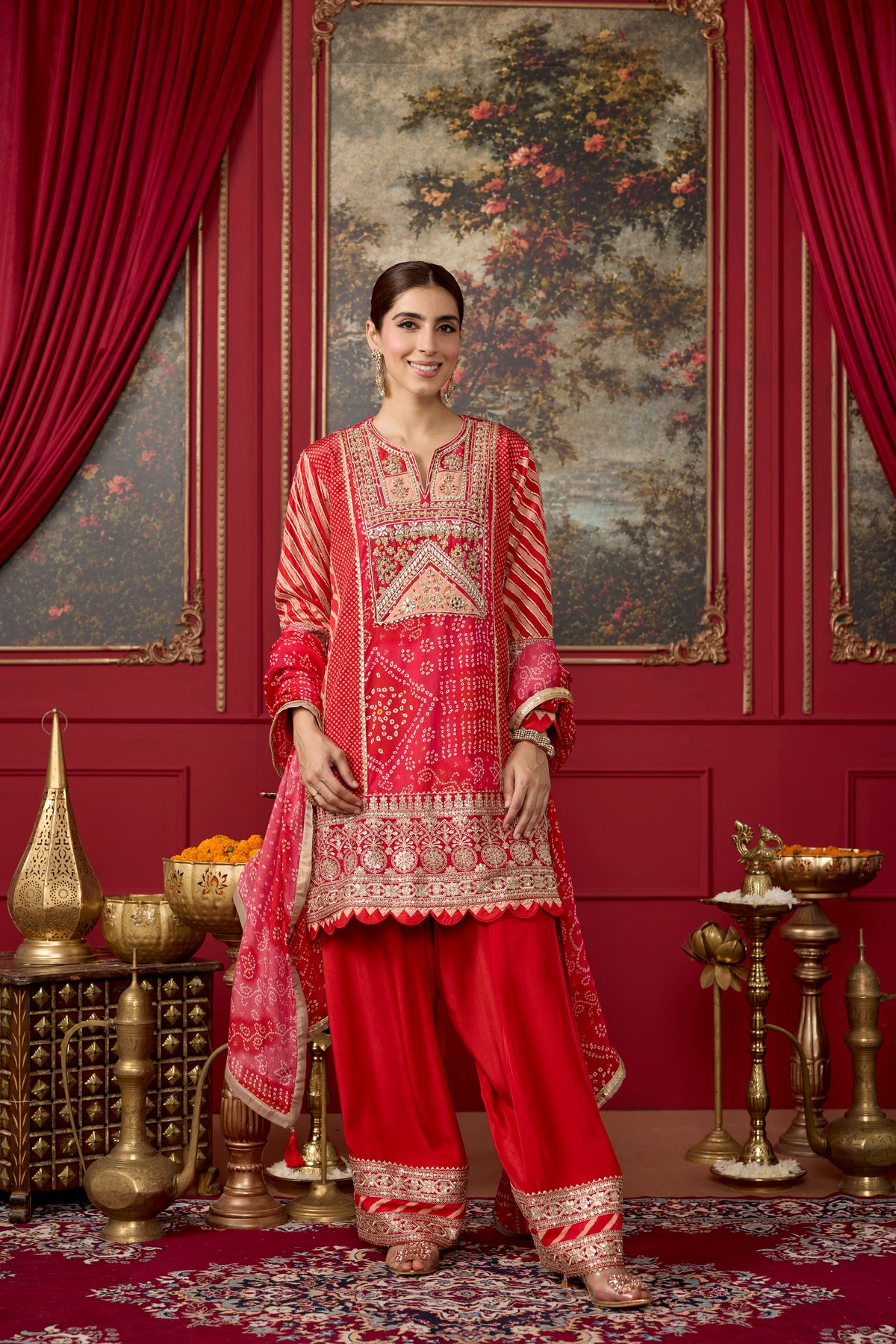 Red Embellished Crepe Satin Silk Kurta Set