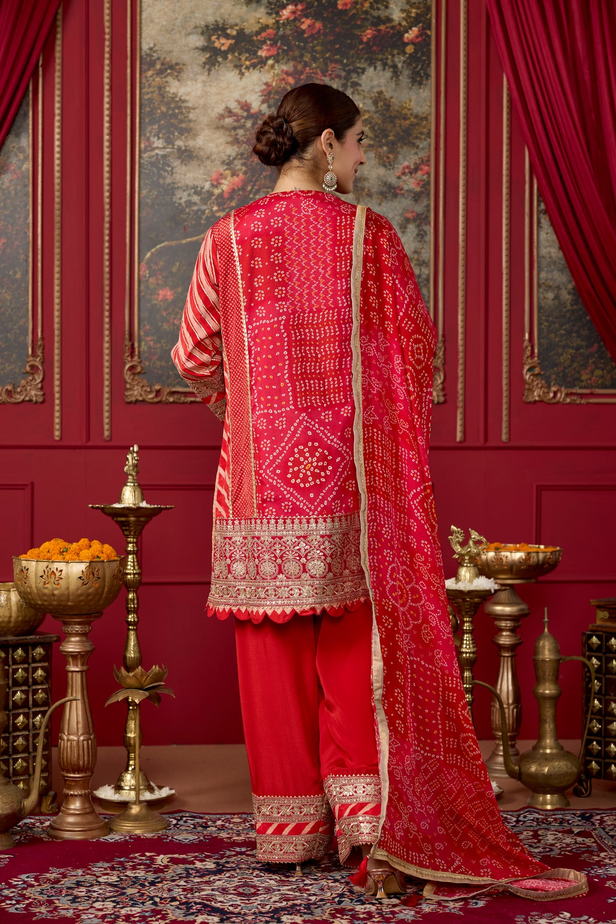 Red Embellished Crepe Satin Silk Kurta Set