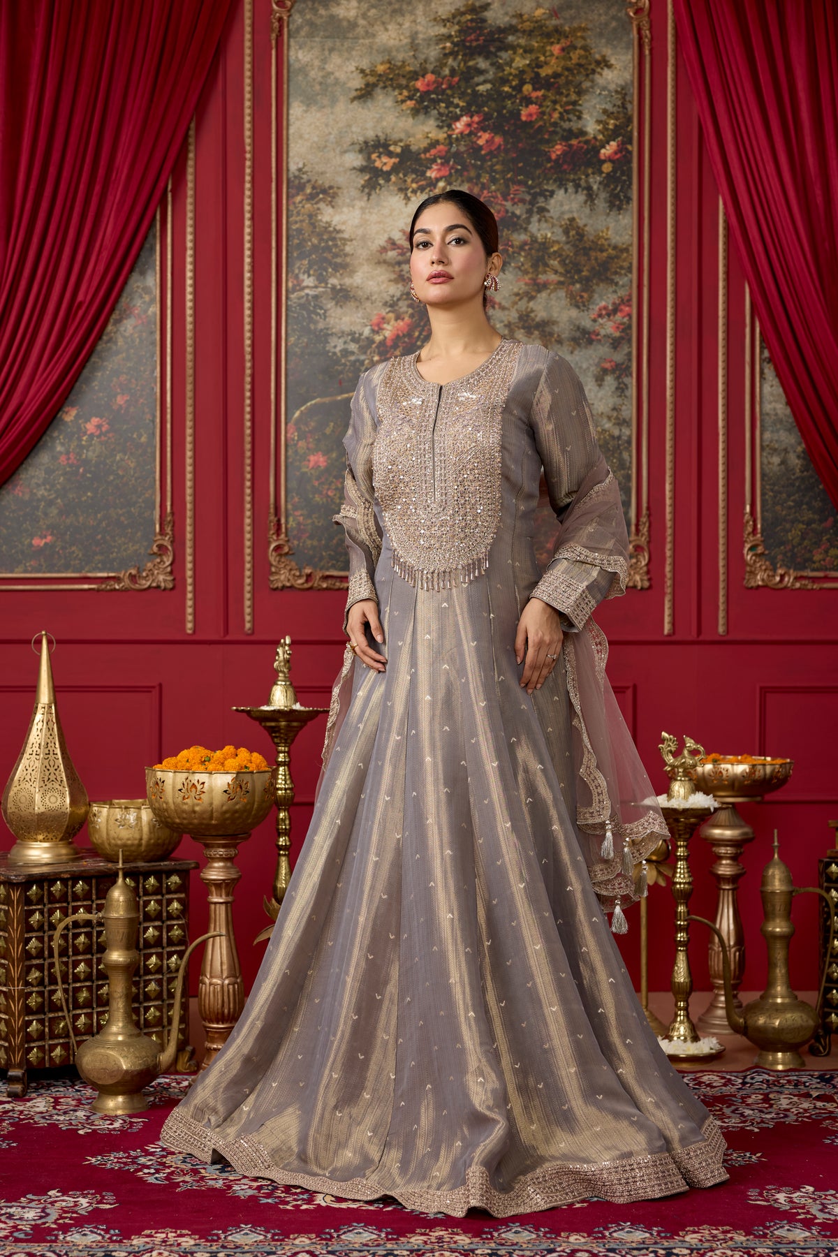 Mauve Taupe Embellished Brocade Silk Anarkali Set