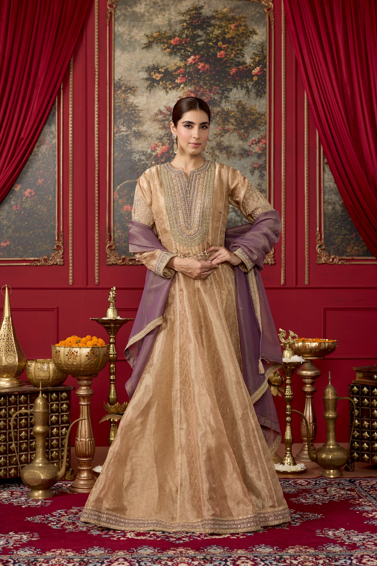 Champagne Gold Shimmer Tissue Silk Anarkali Set