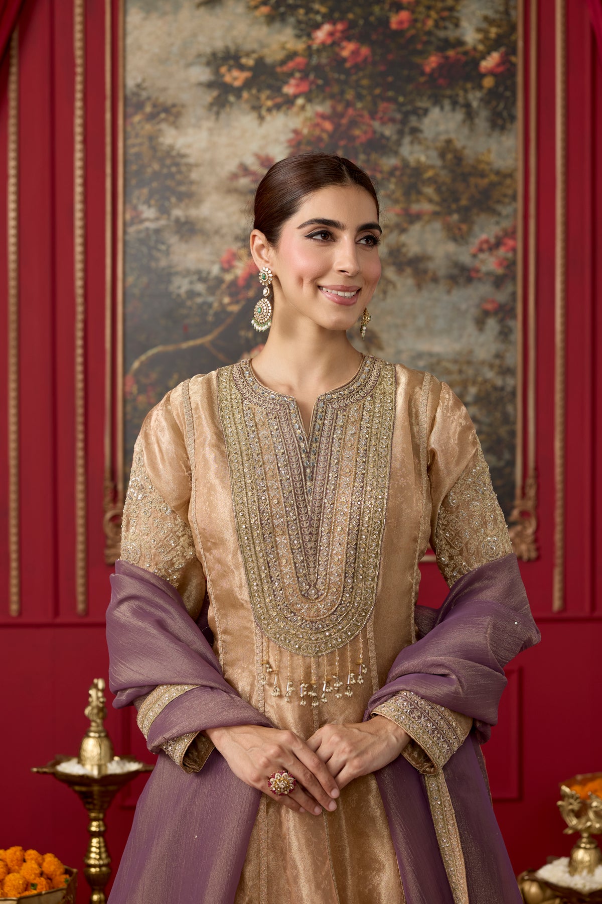 Champagne Gold Shimmer Tissue Silk Anarkali Set
