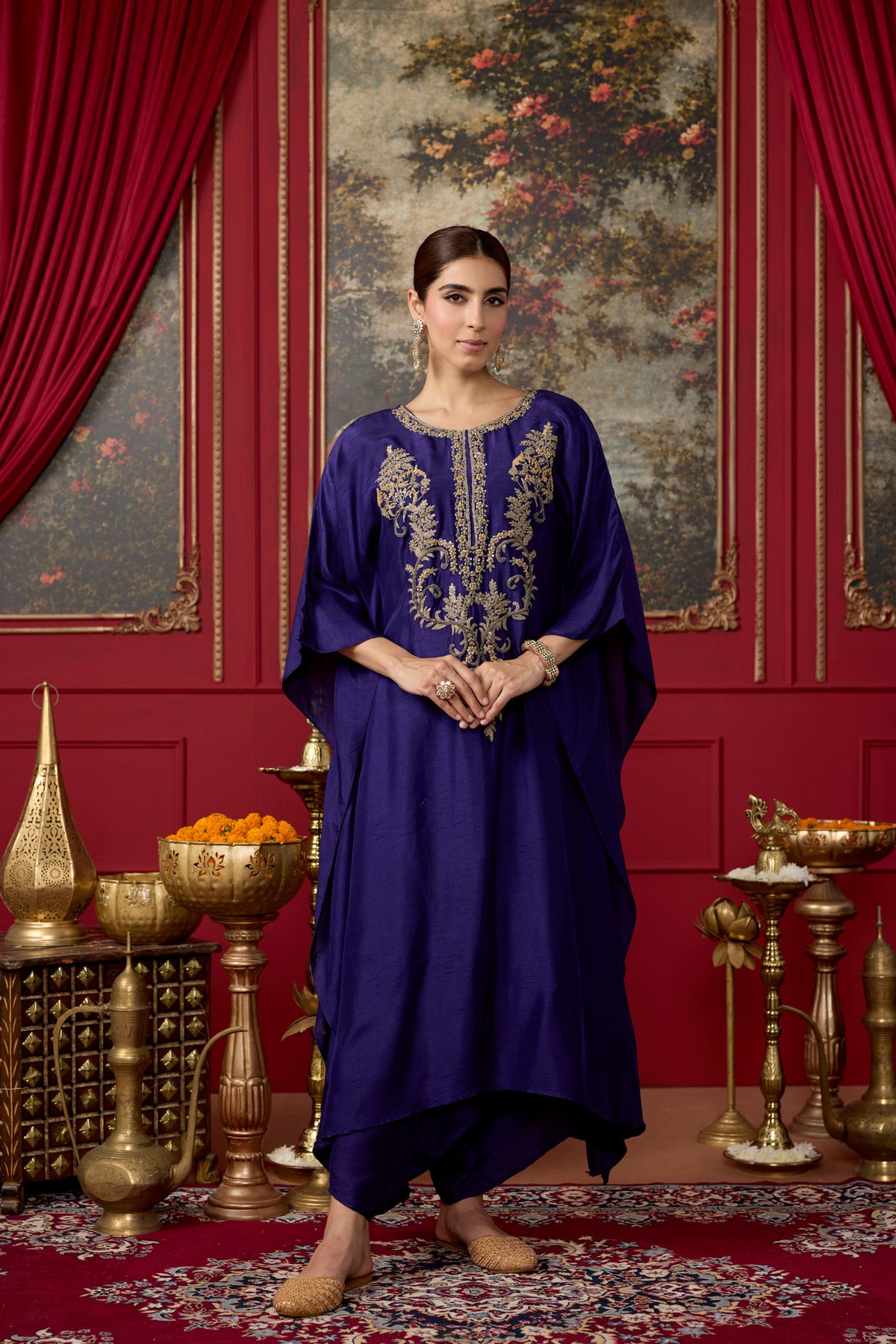 Deep Purple Embellished Raw Silk Kaftan Set