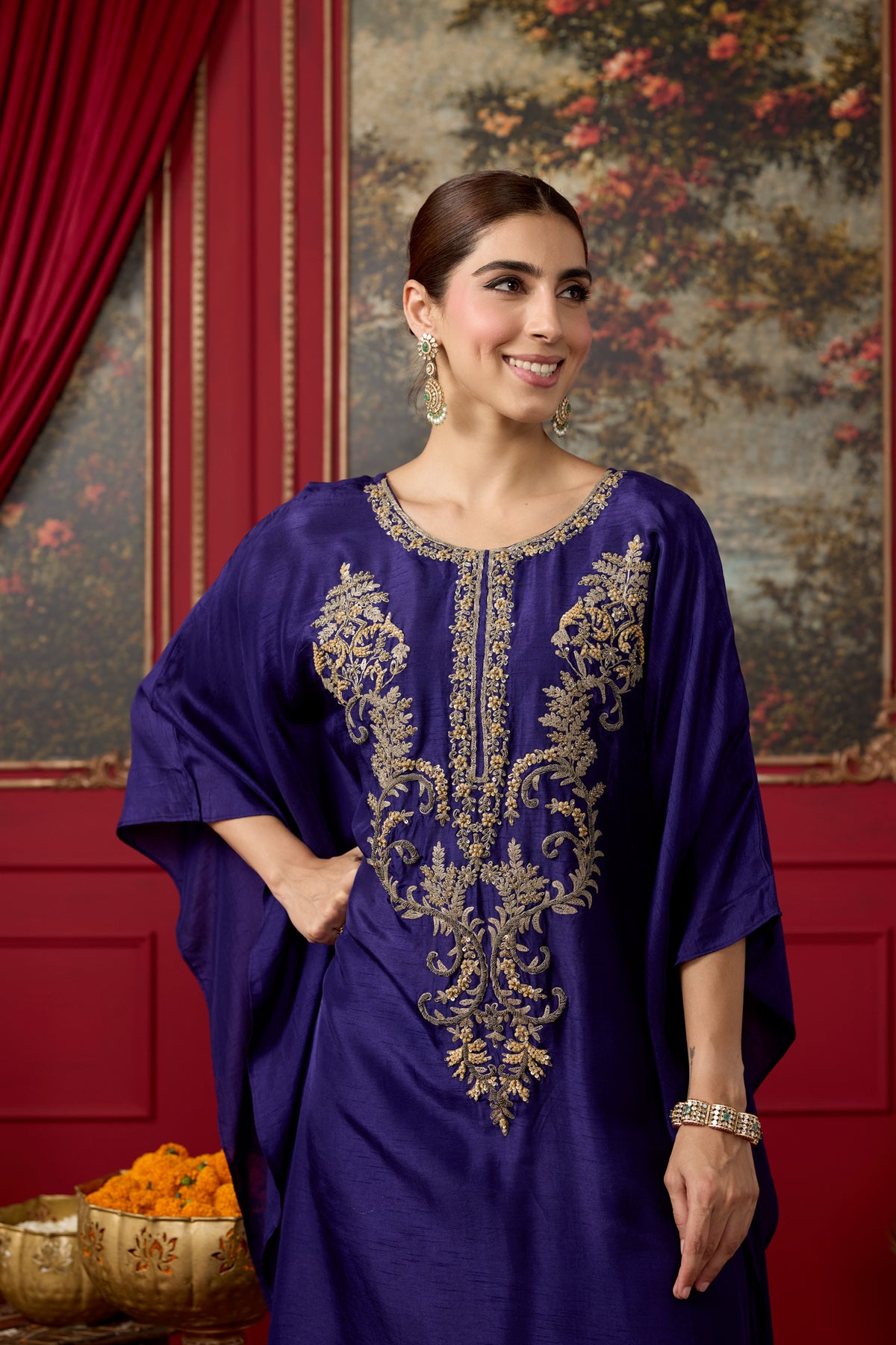 Deep Purple Embellished Raw Silk Kaftan Set