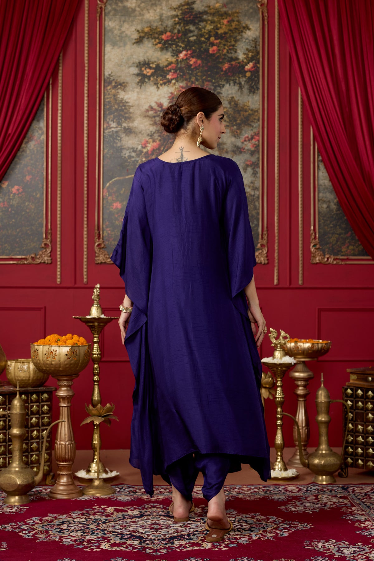 Deep Purple Embellished Raw Silk Kaftan Set