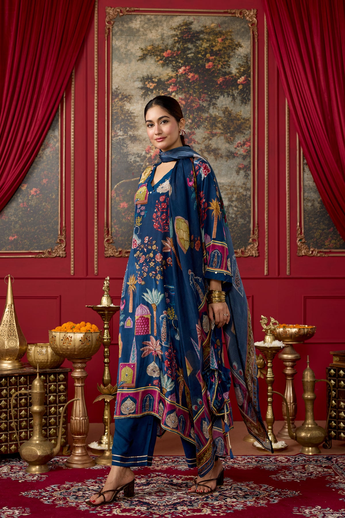 Royal Blue Embellished Crepe Silk Kurta Set