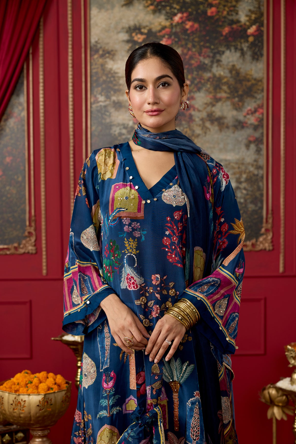 Royal Blue Embellished Crepe Silk Kurta Set