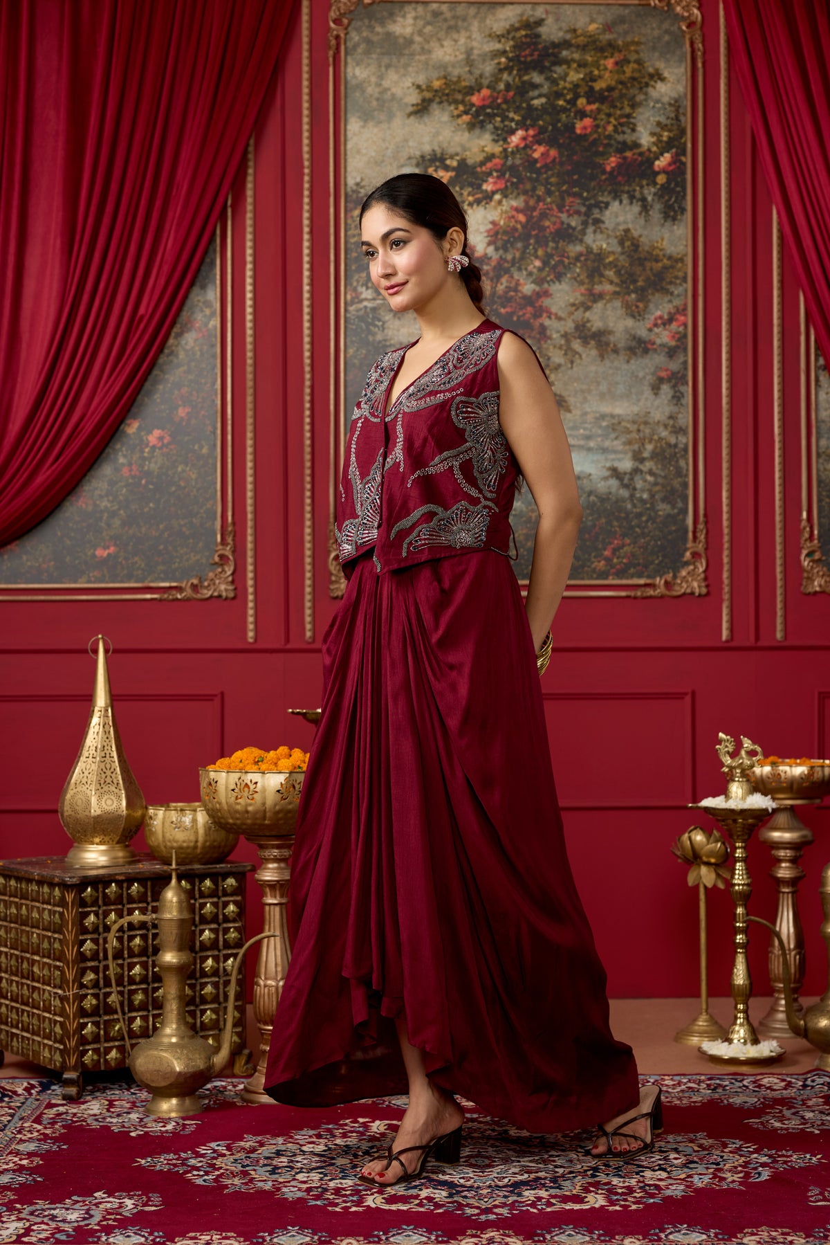 Wine Maroon Embellished Raw Silk Skirt Set