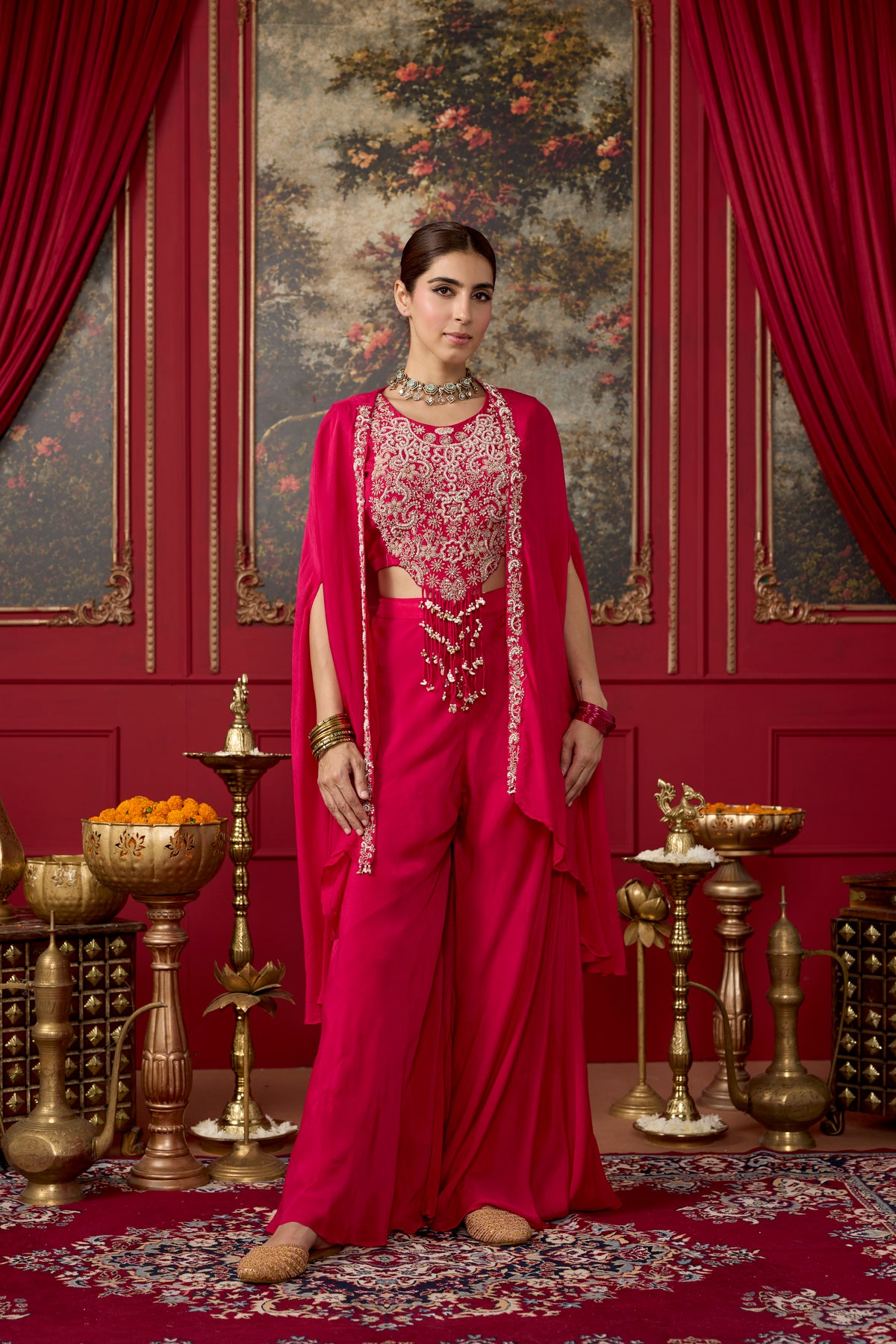 Rani Pink Embellished Chinon Silk Palazzo Set