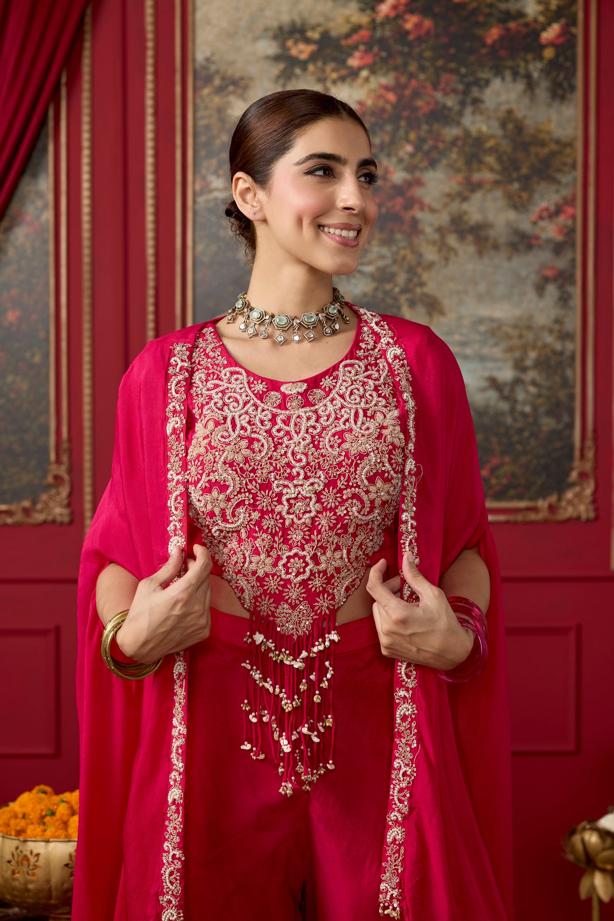 Rani Pink Embellished Chinon Silk Palazzo Set