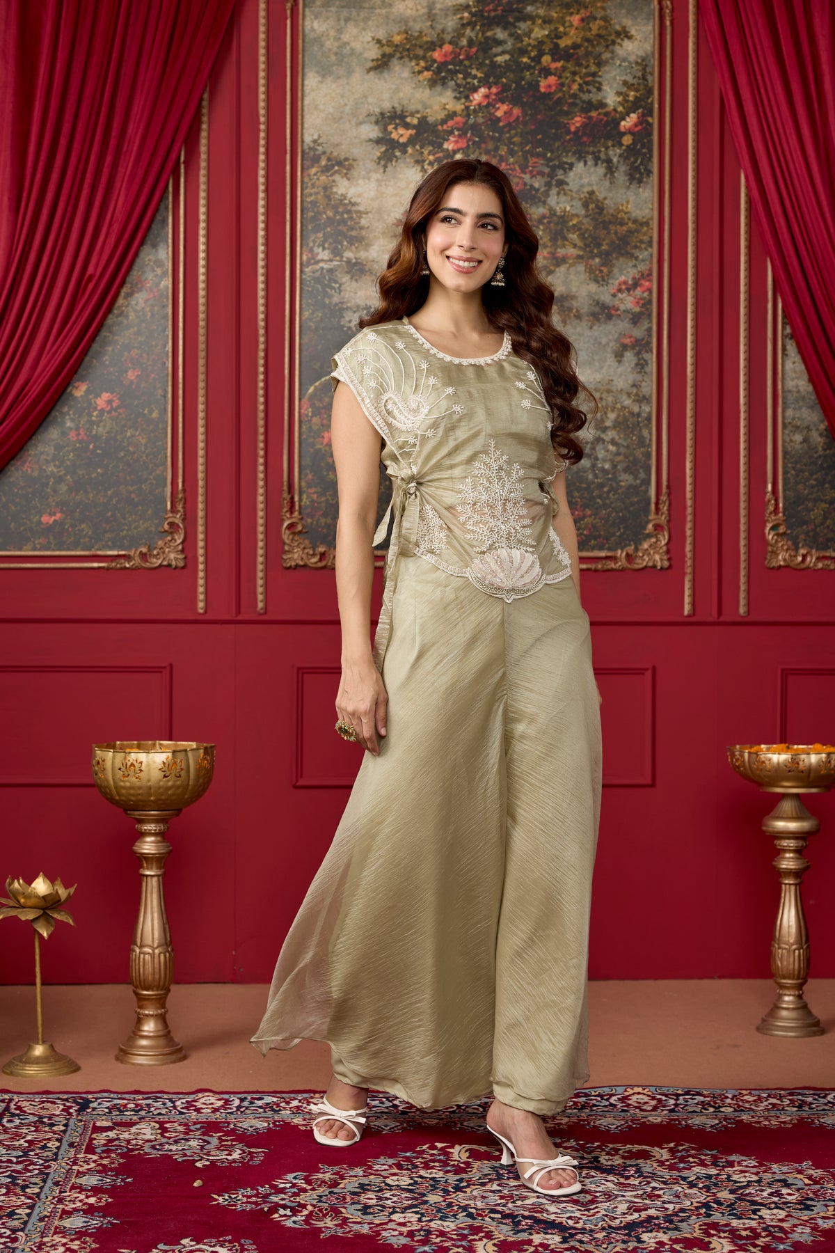 Sage Green Embellished Tissue Silk Palazzo Set