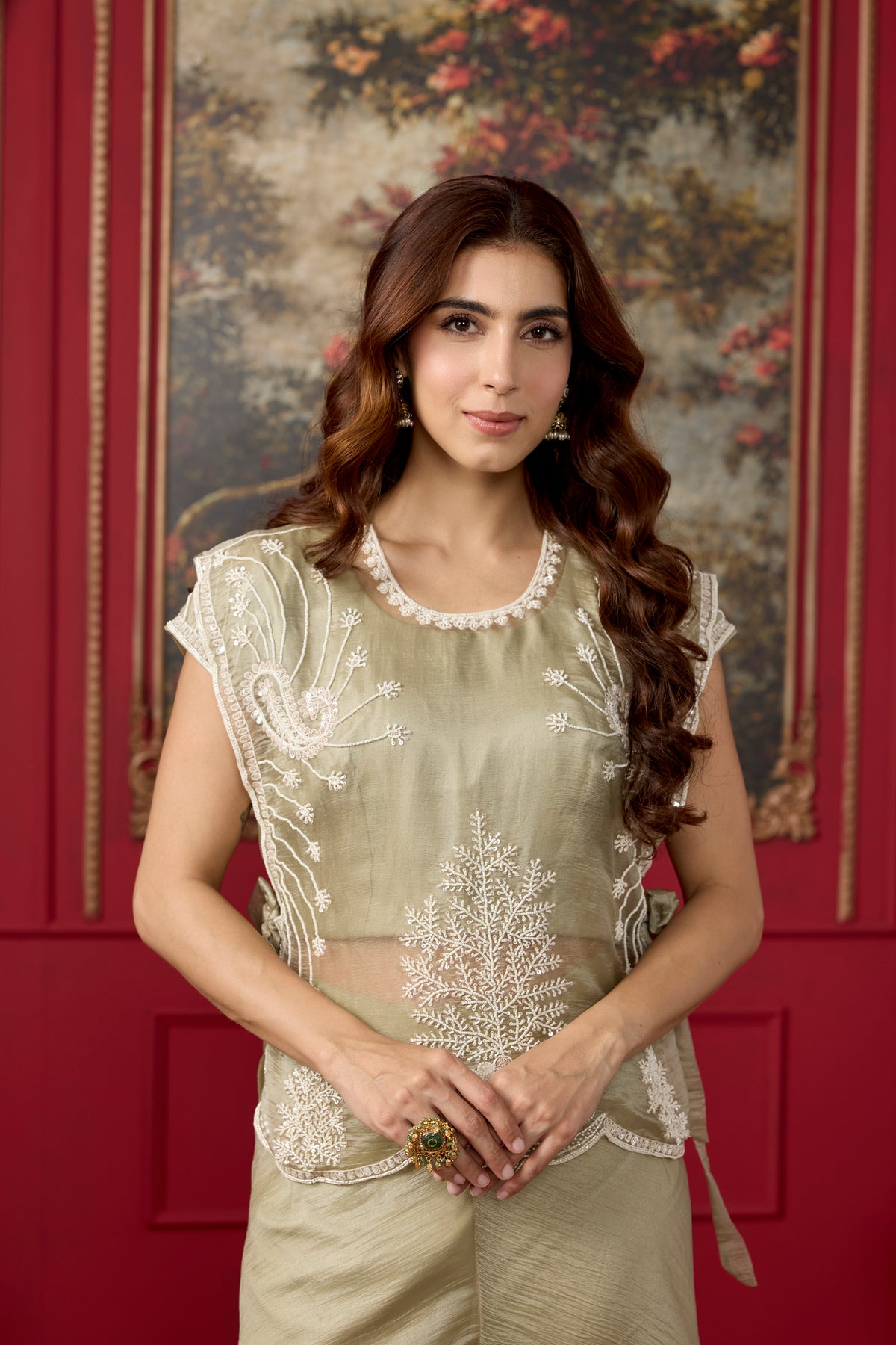 Sage Green Embellished Tissue Silk Palazzo Set