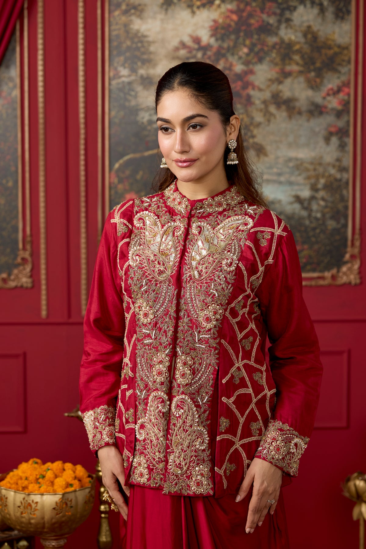 Deep Red Embellished Raw Silk Skirt Set