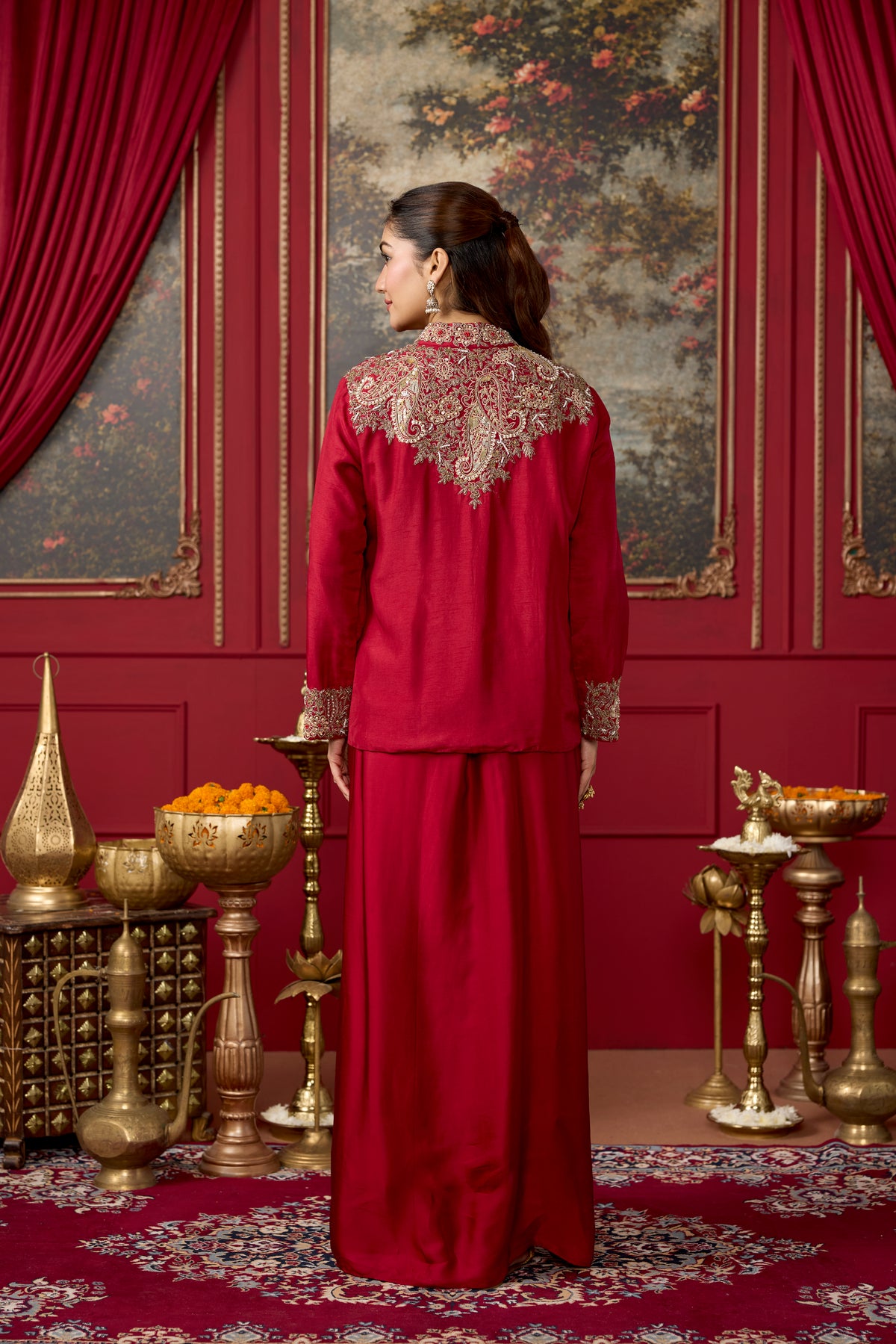 Deep Red Embellished Raw Silk Skirt Set