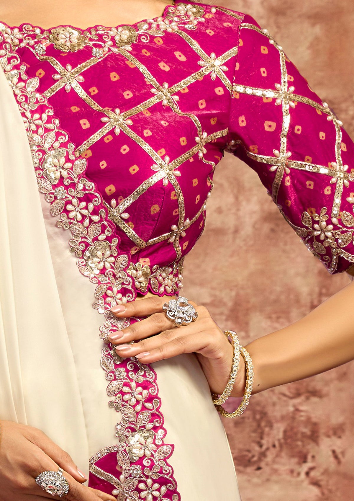 Ivory Rani Embellished Satin Silk Saree