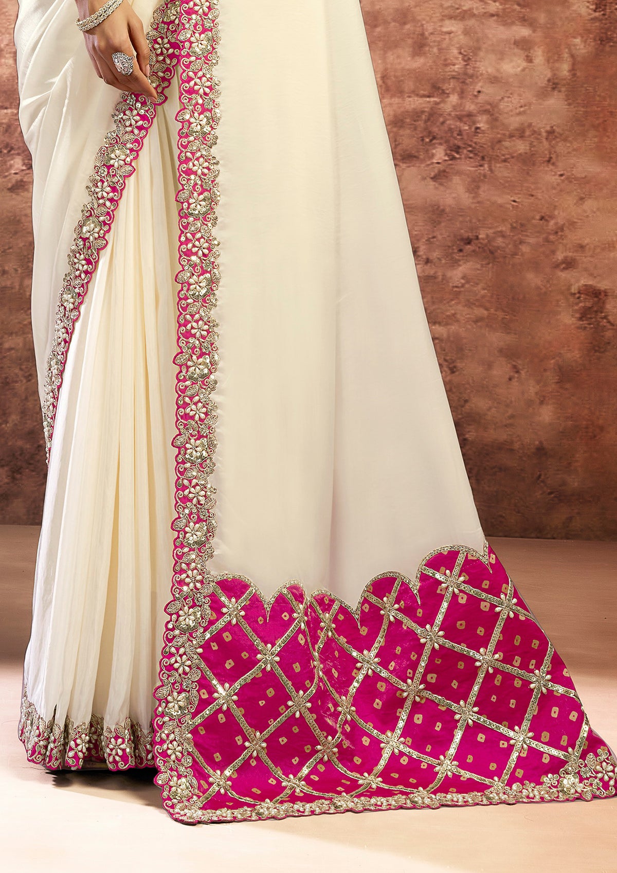 Ivory Rani Embellished Satin Silk Saree