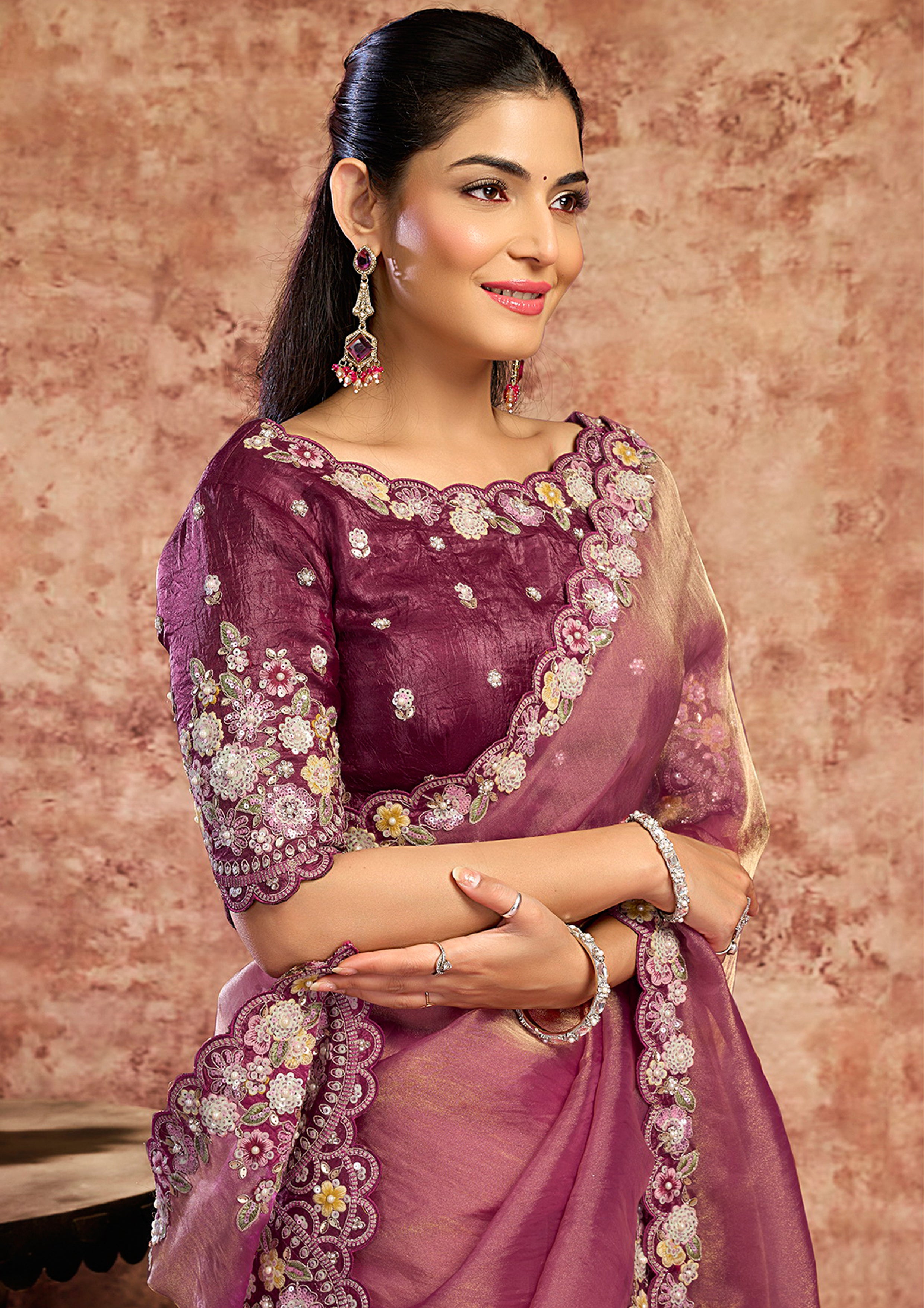 Mauve Pink Embellished Organza Satin Silk Saree