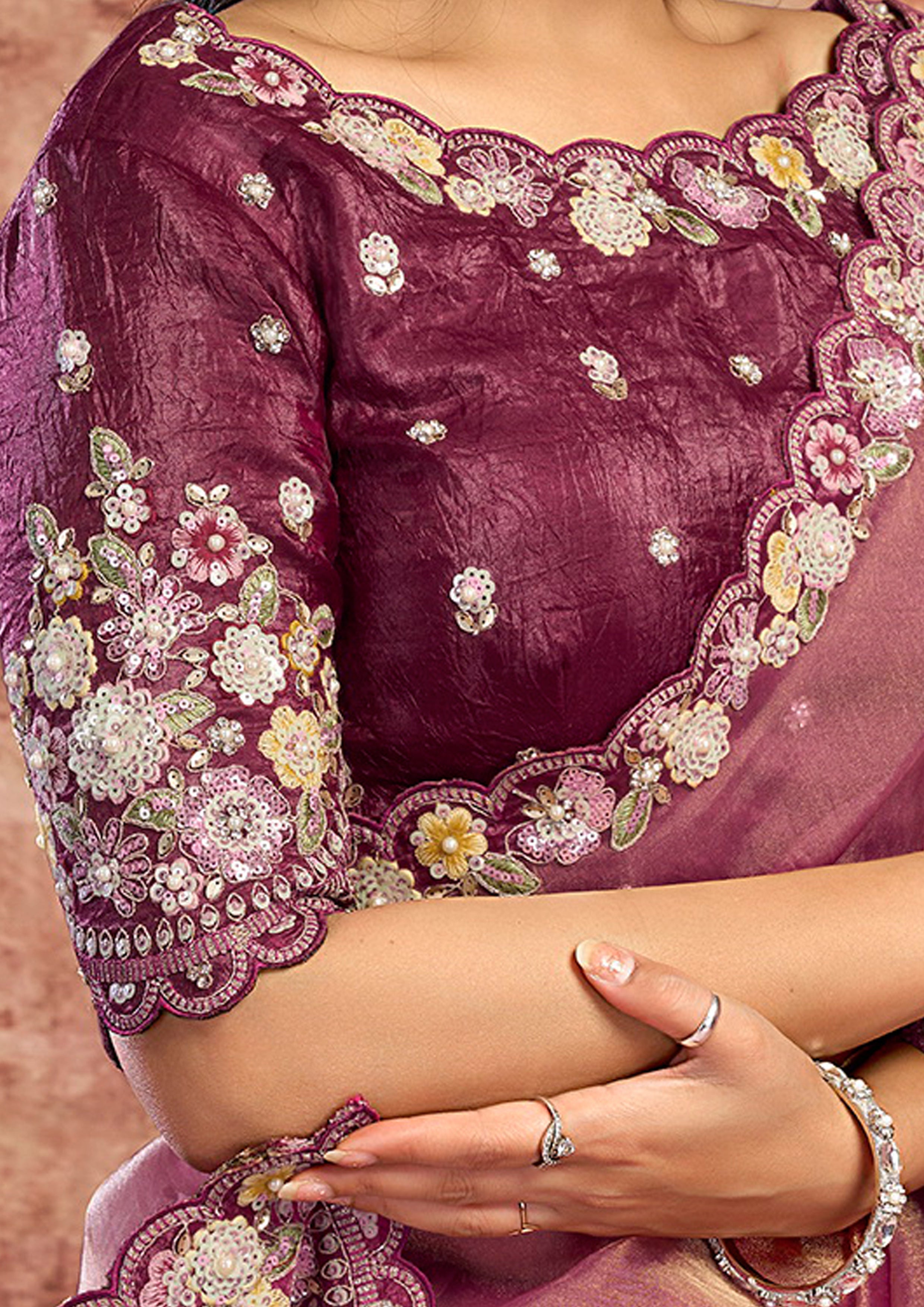 Mauve Pink Embellished Organza Satin Silk Saree