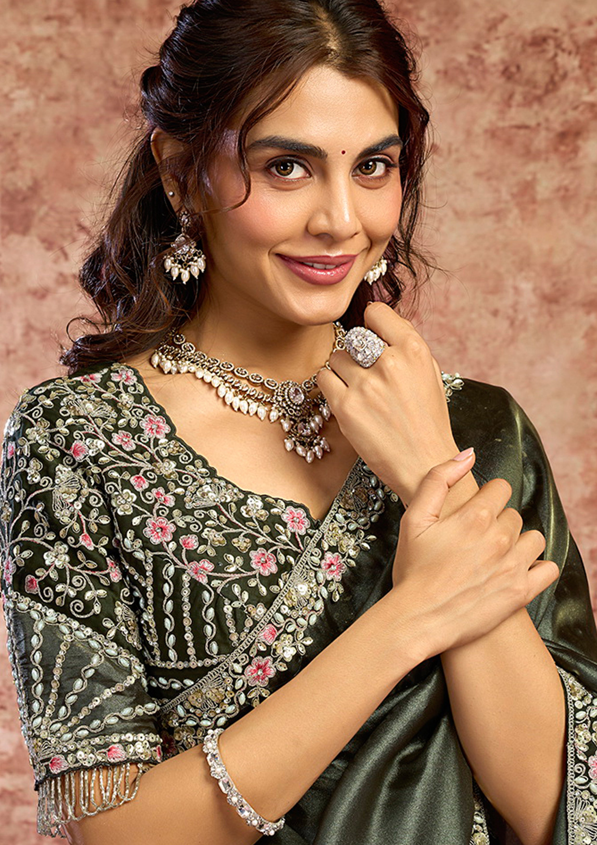 Charcoal Grey Embellished Organza Satin Silk Saree