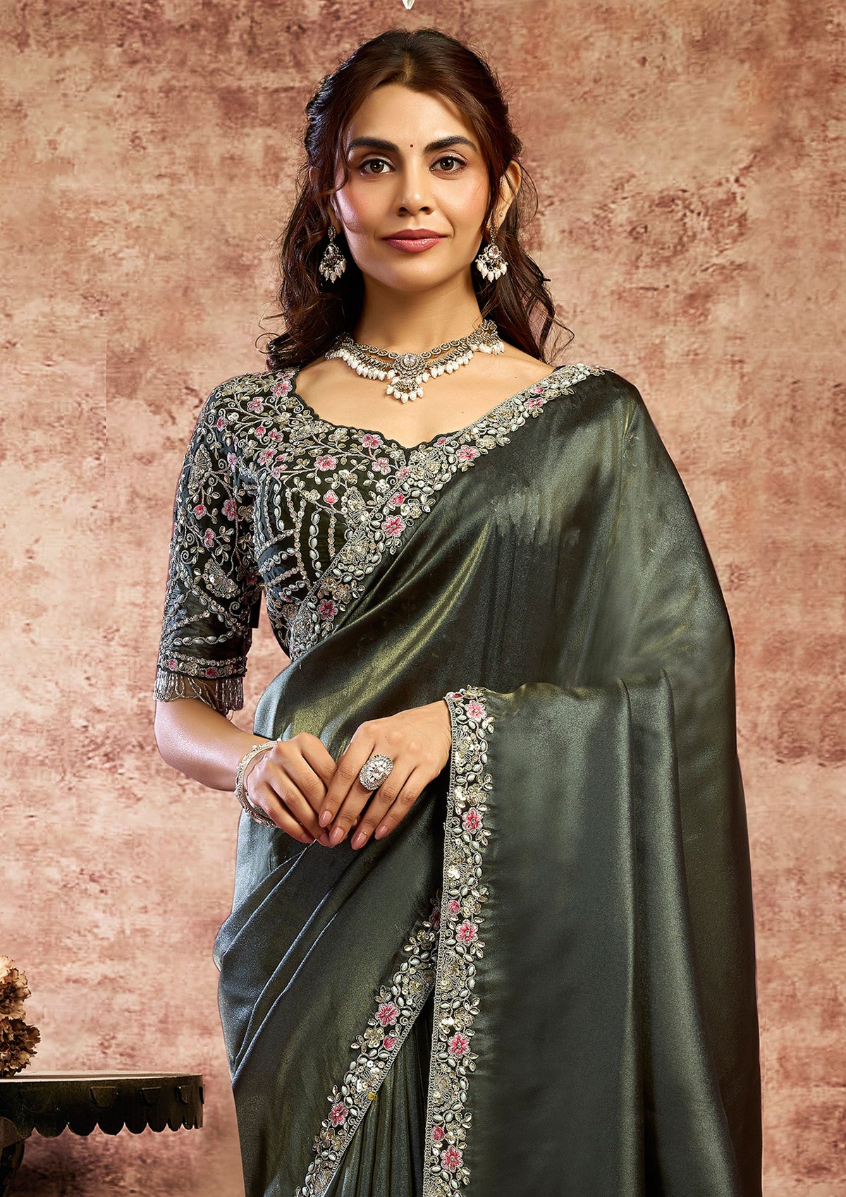 Charcoal Grey Embellished Organza Satin Silk Saree
