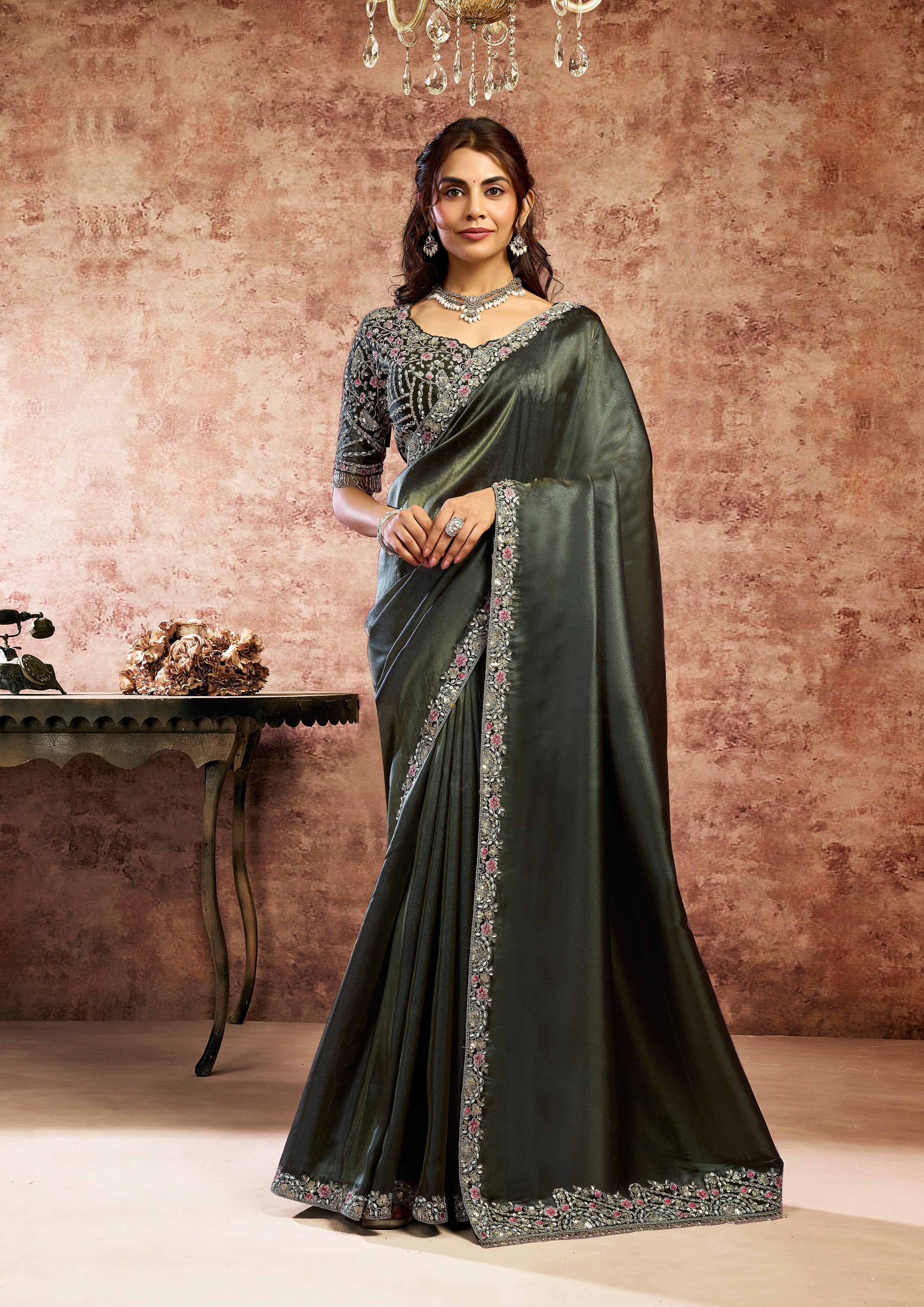 Charcoal Grey Embellished Organza Satin Silk Saree