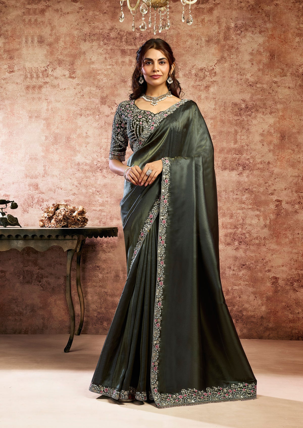 Deep Moss Embellished Organza Silk Saree