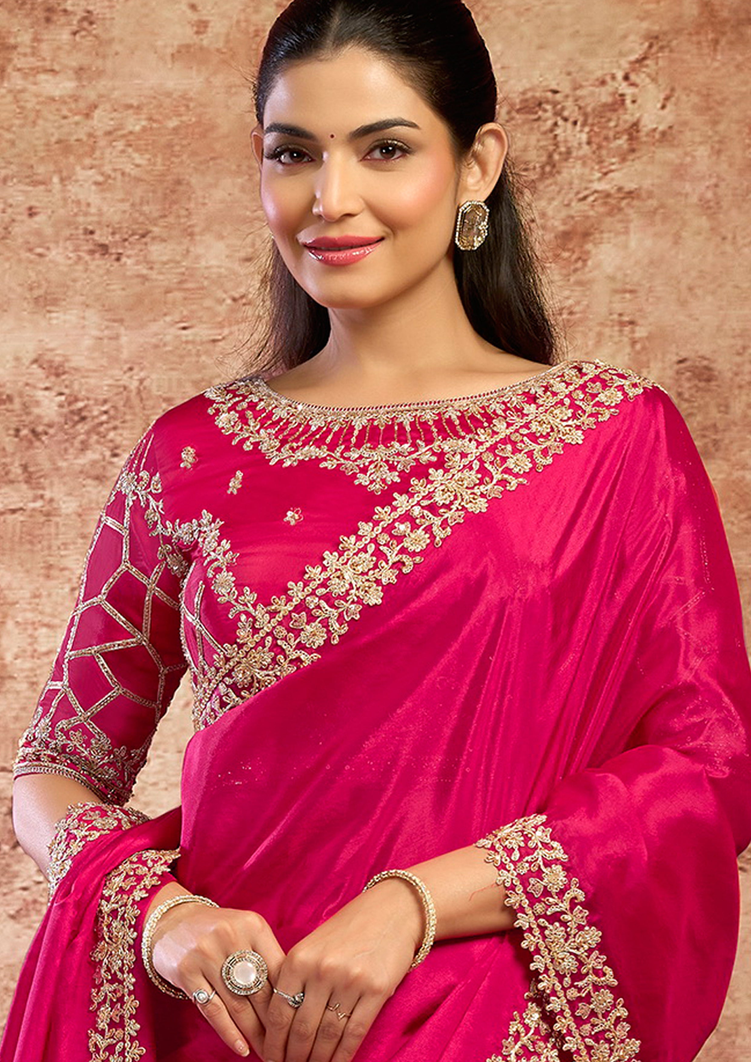 Vibrant Magenta Embellished Upadda Silk Saree