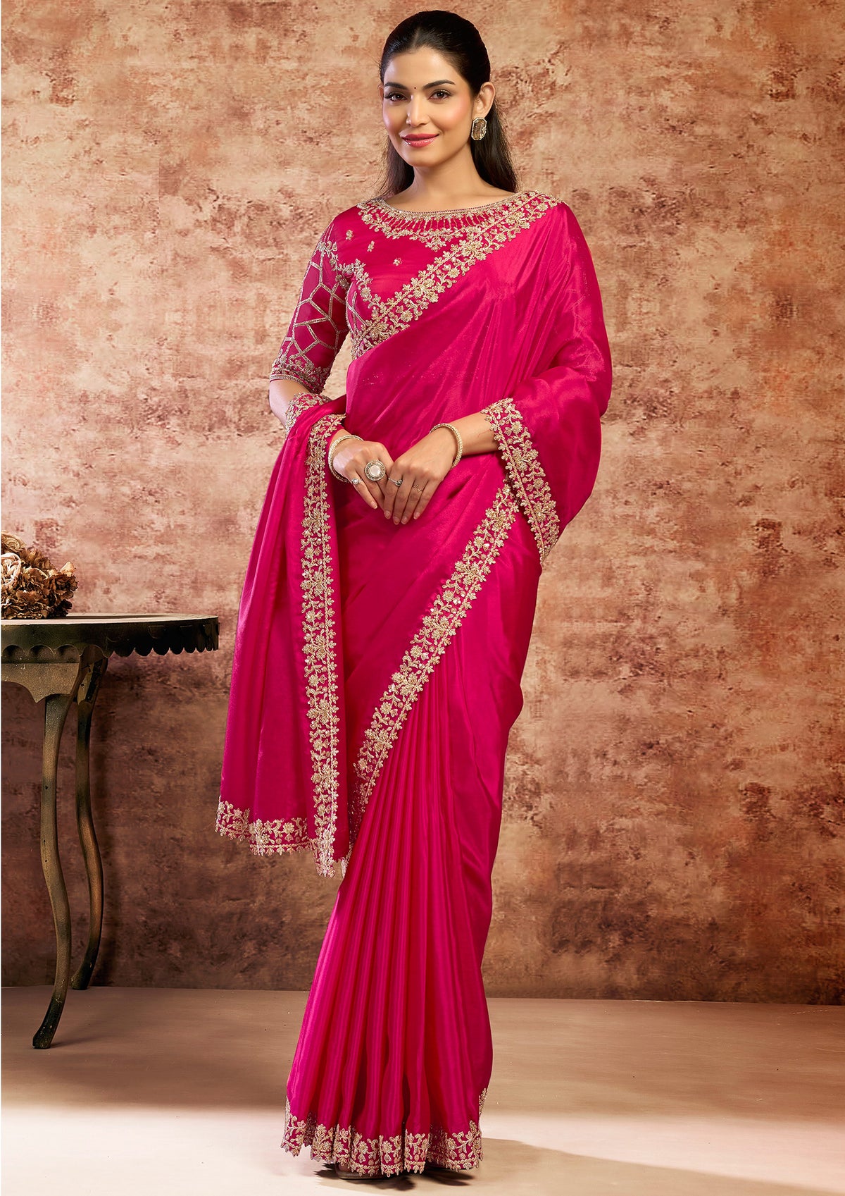 Rani Pink Embellished Uppada Silk Saree