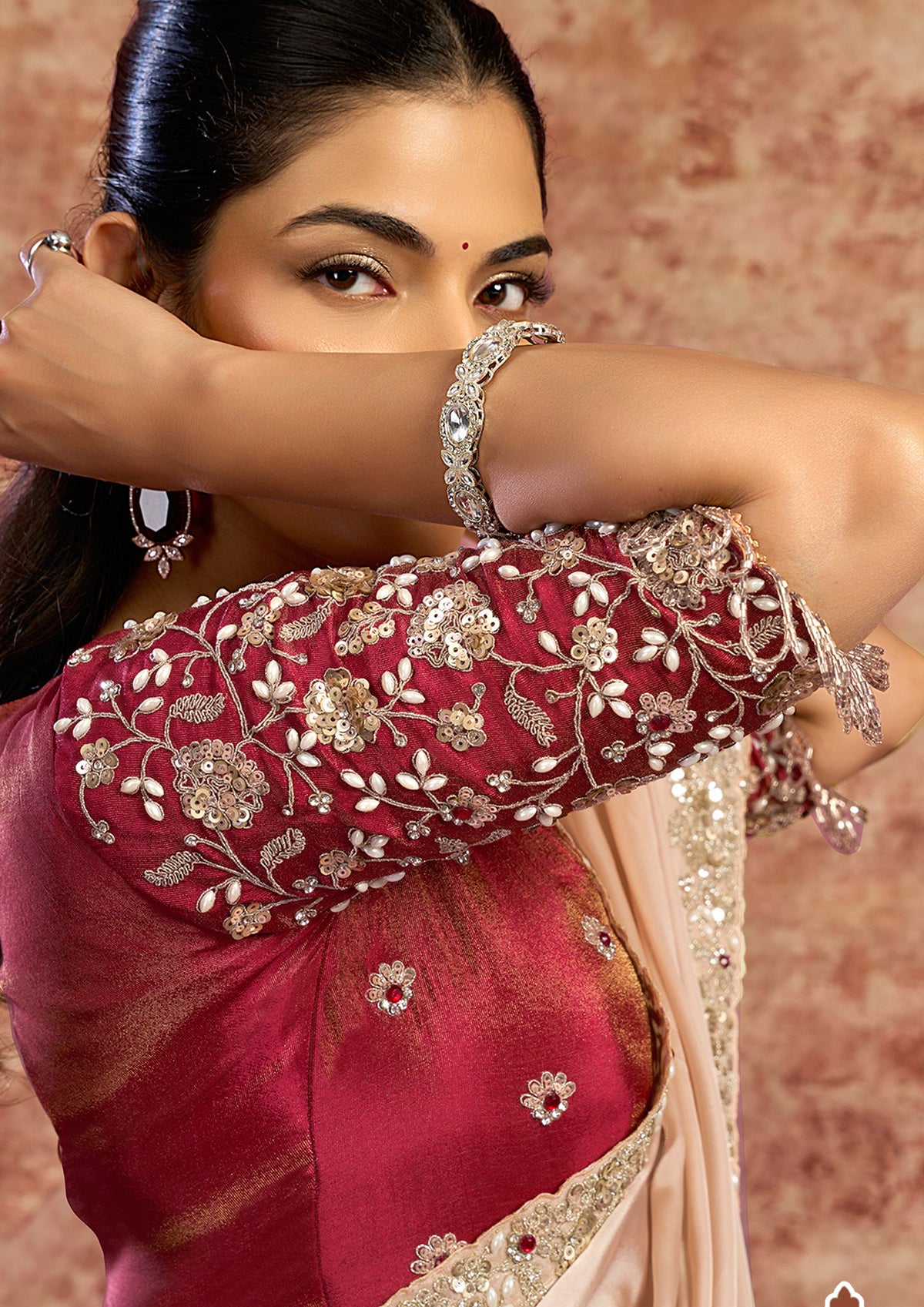 Champagne Peach Embellished Satin Silk Saree
