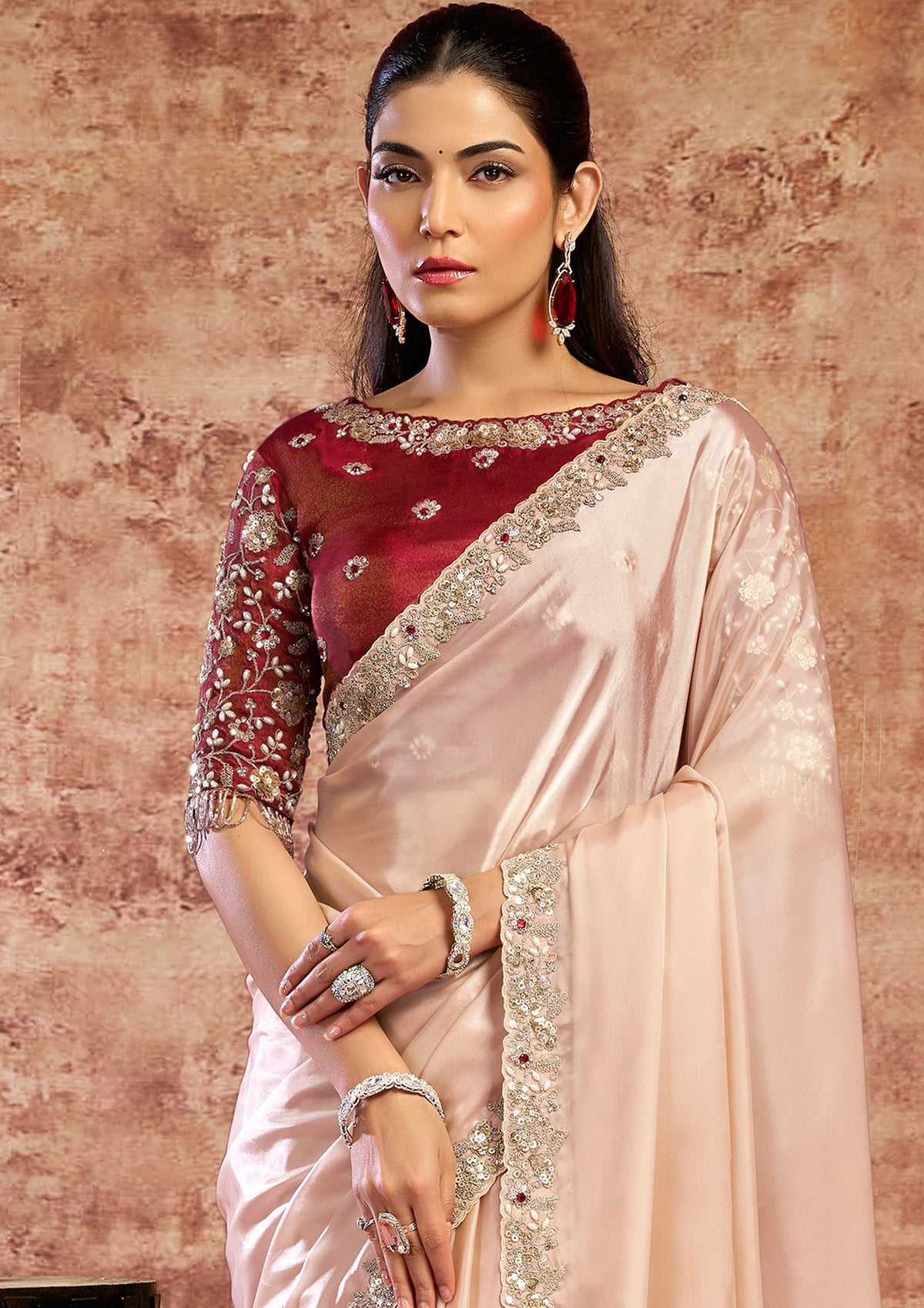 Champagne Peach Embellished Satin Silk Saree