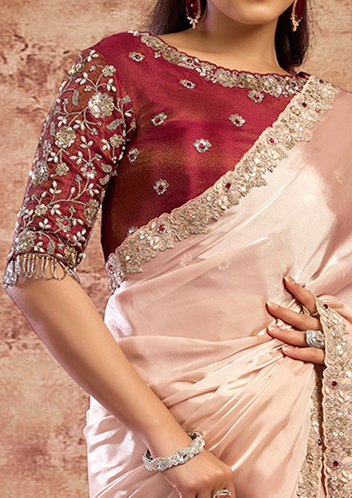 Champagne Peach Embellished Satin Silk Saree