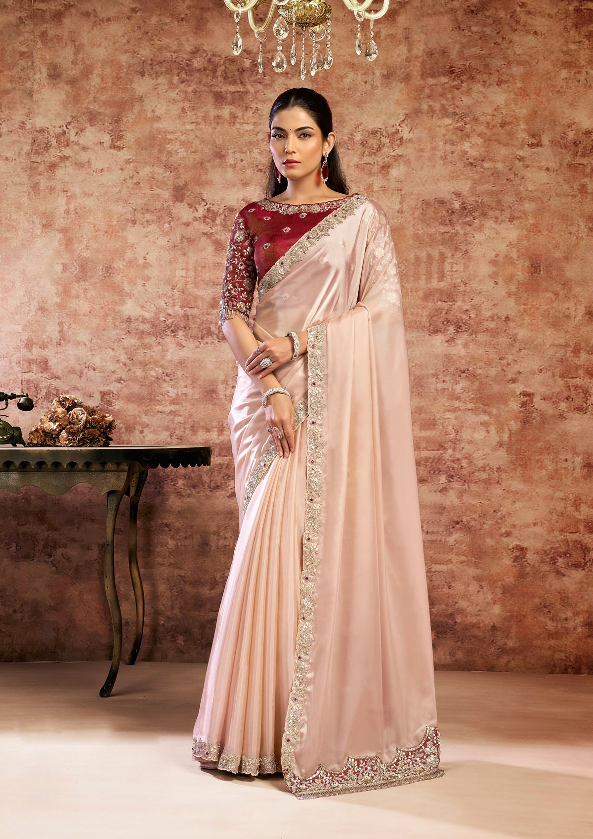 Champagne Peach Embellished Satin Silk Saree