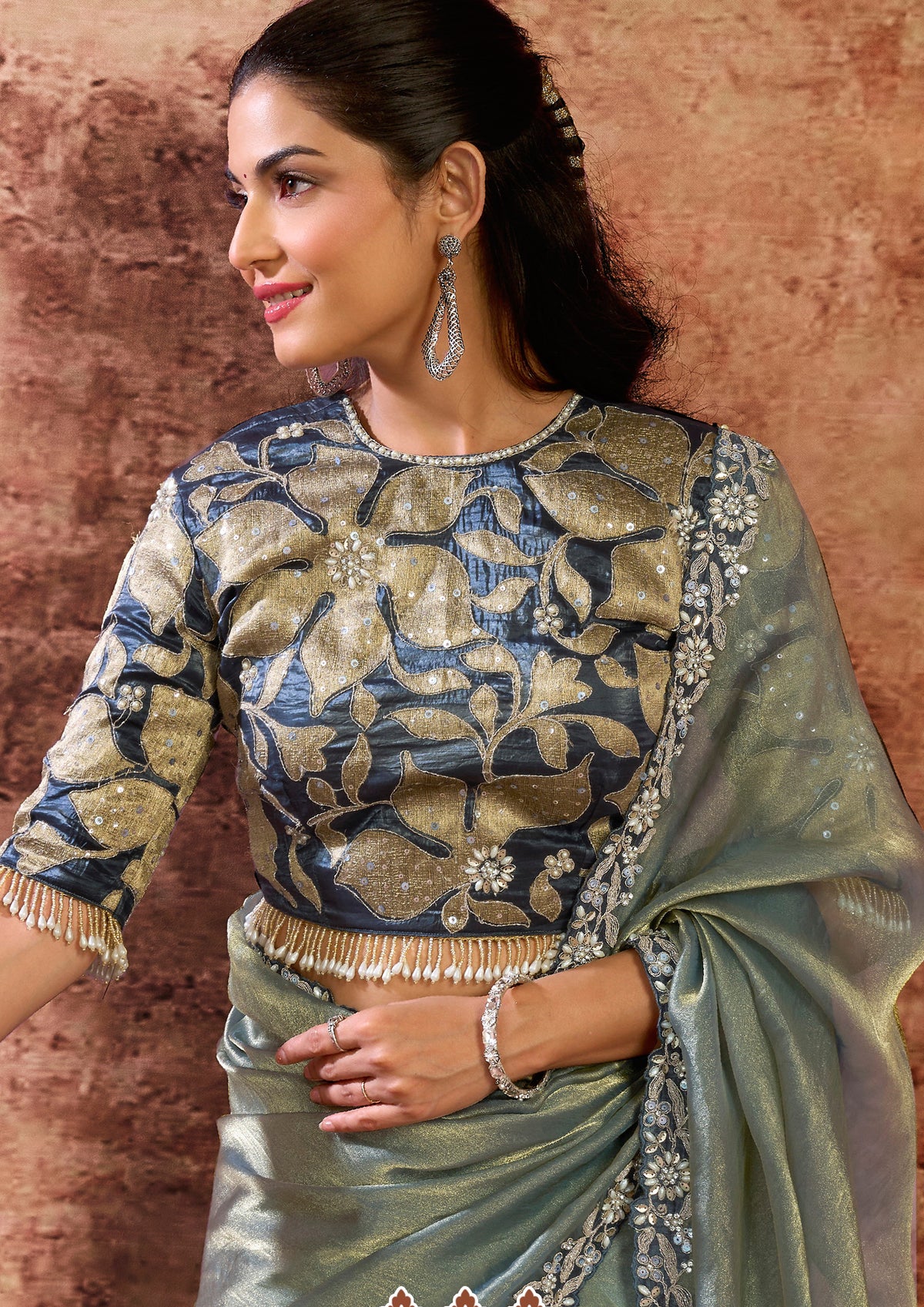Sage Teal Embellished Organza Satin Silk Saree