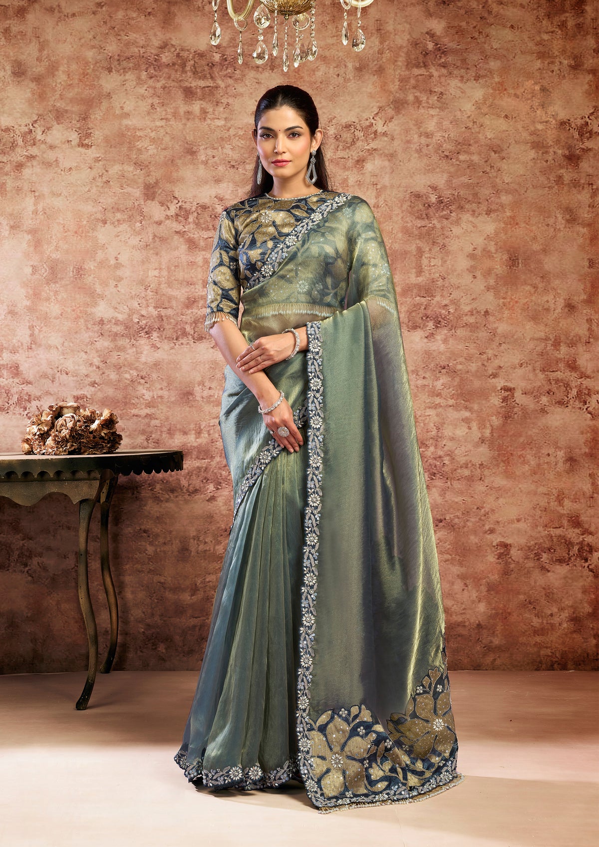 Steel Grey Embellished Organza Silk Saree