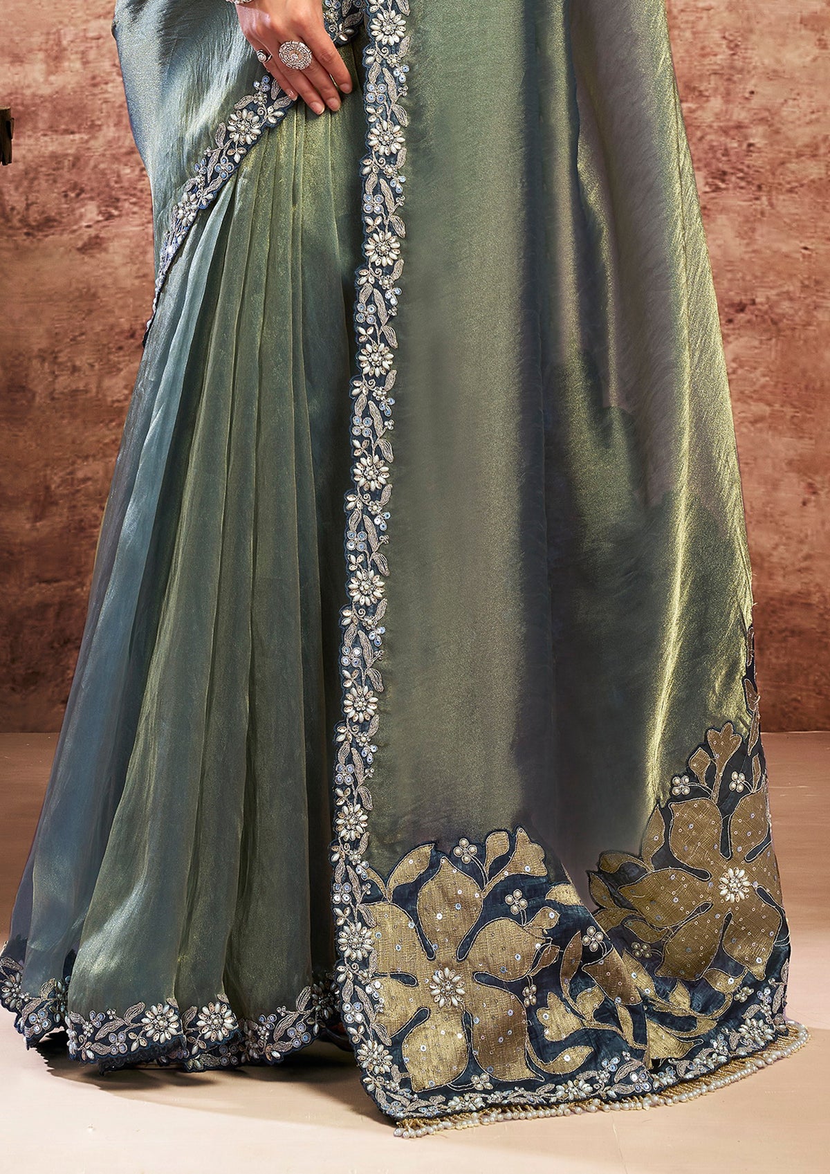 Sage Teal Embellished Organza Satin Silk Saree