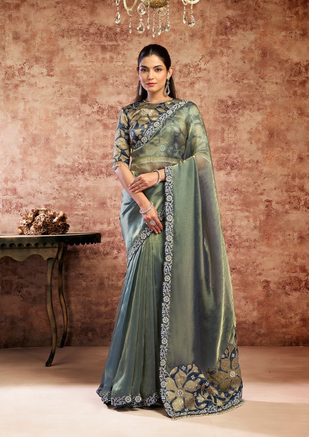 Sage Teal Embellished Organza Satin Silk Saree