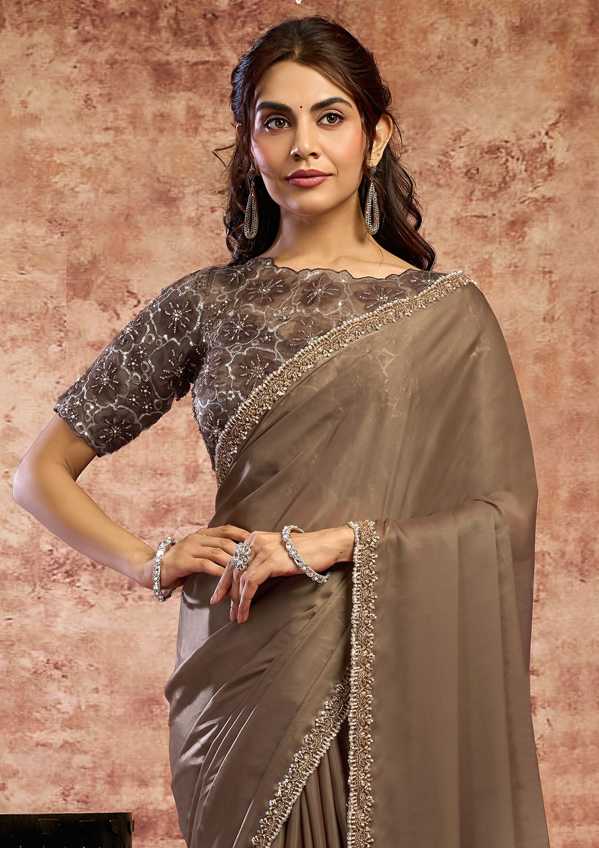 Brown Mocha Embellished Satin Silk Saree