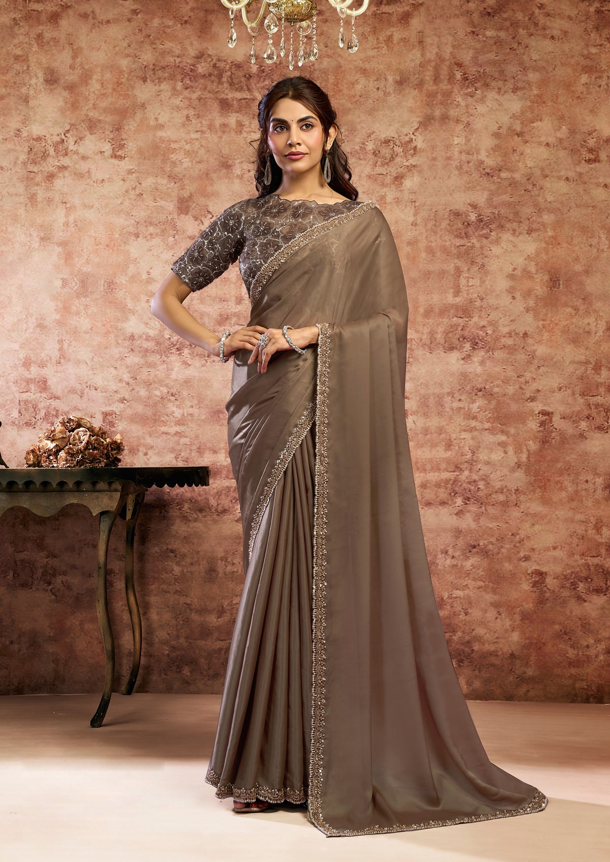 Brown Mocha Embellished Satin Silk Saree