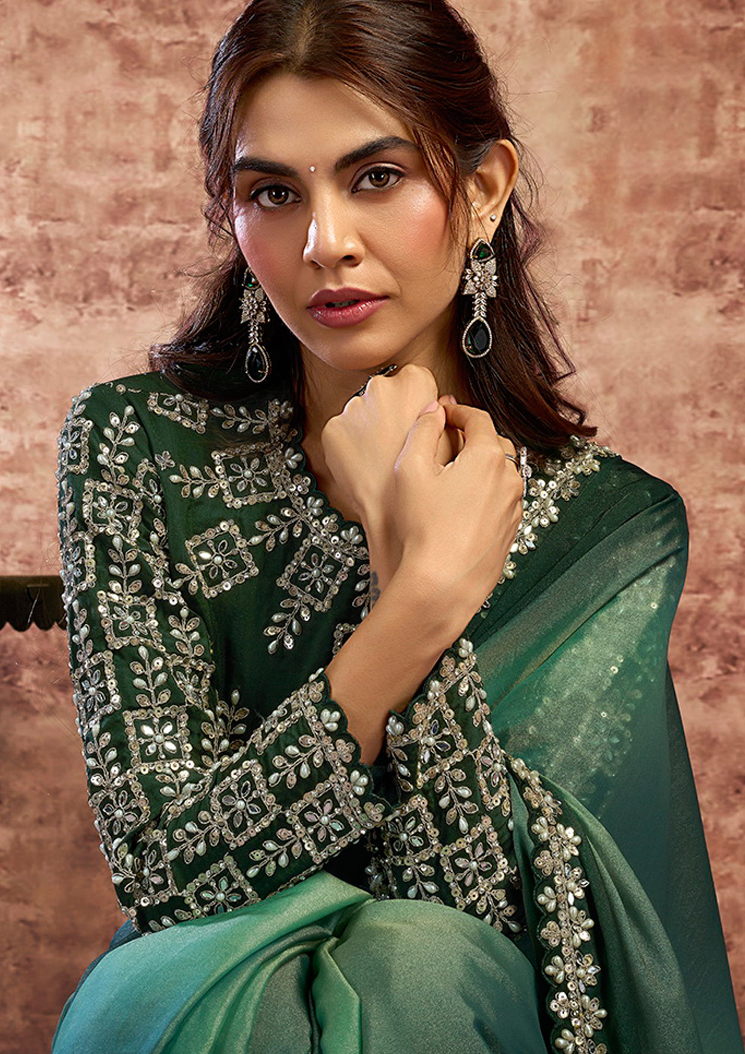 Ombré Green Embellished Soft Georgette Saree