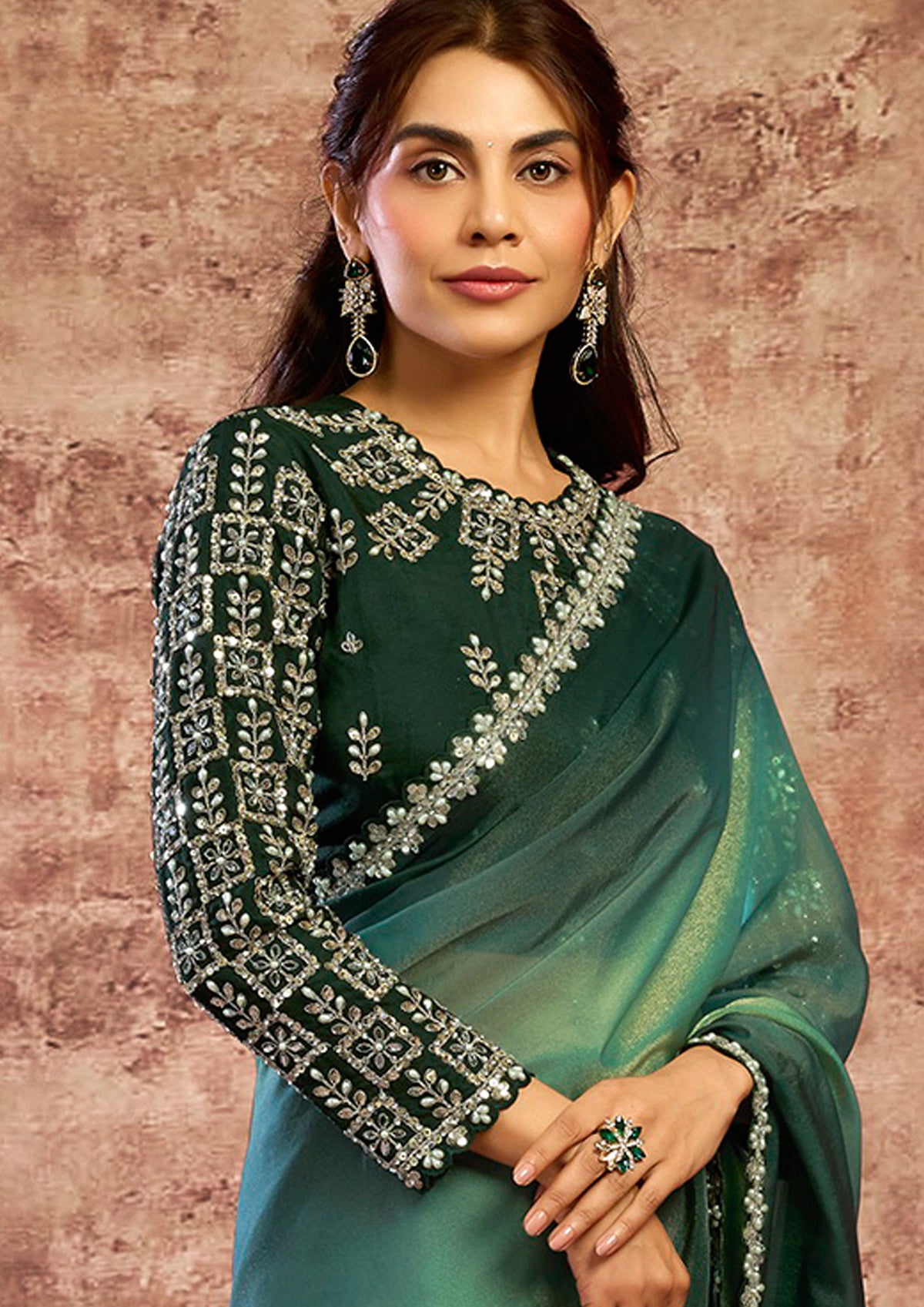 Ombré Green Embellished Soft Georgette Saree