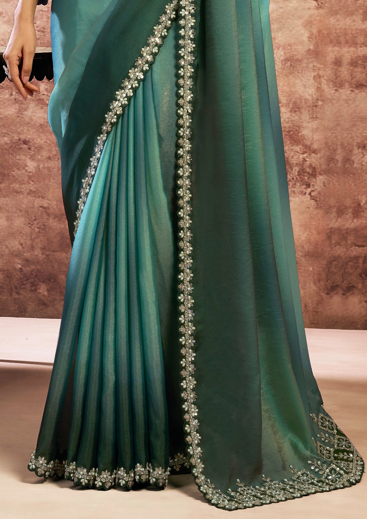 Ombré Green Embellished Soft Georgette Saree