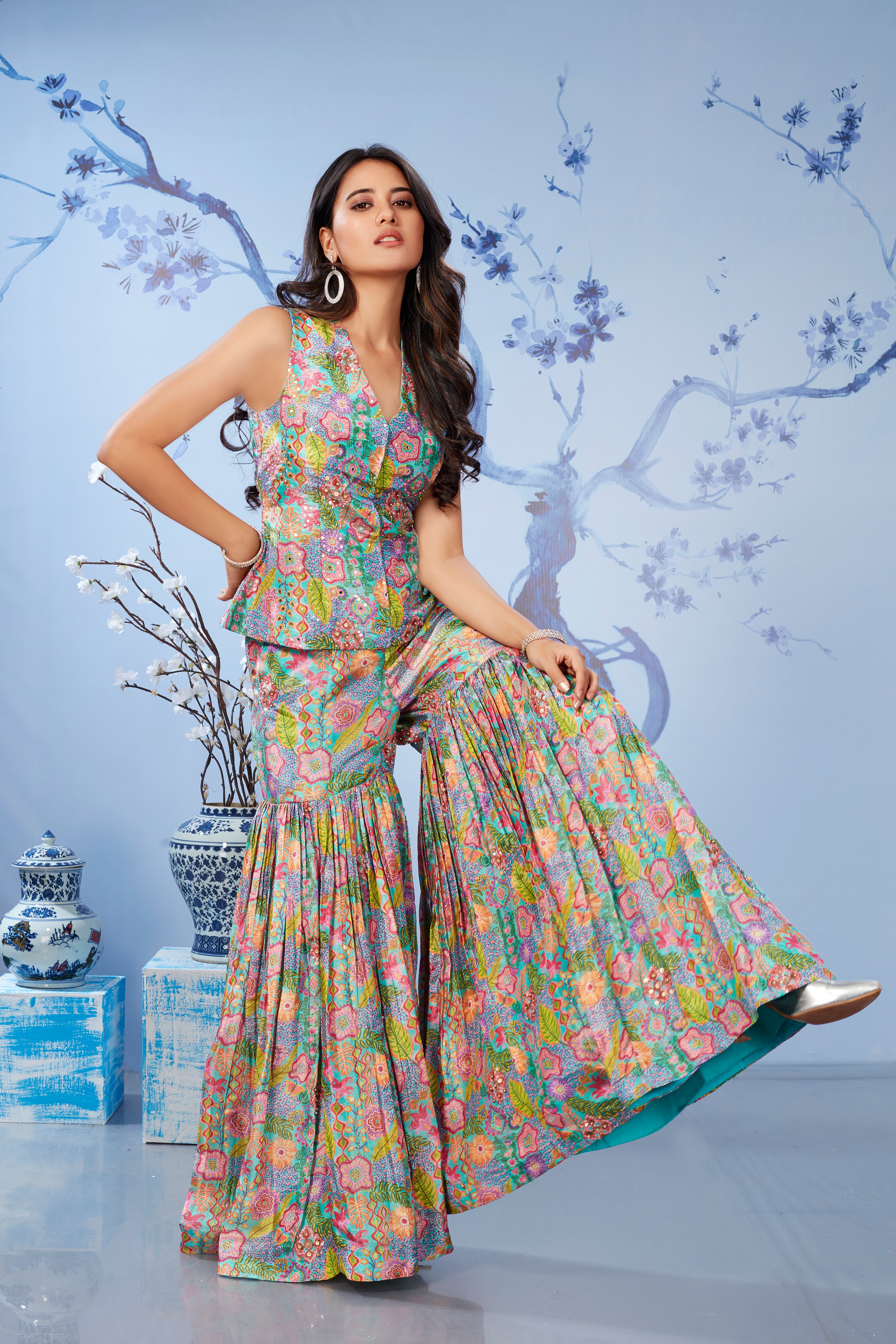 Multicolor Floral Printed Italian Silk Sharara Set